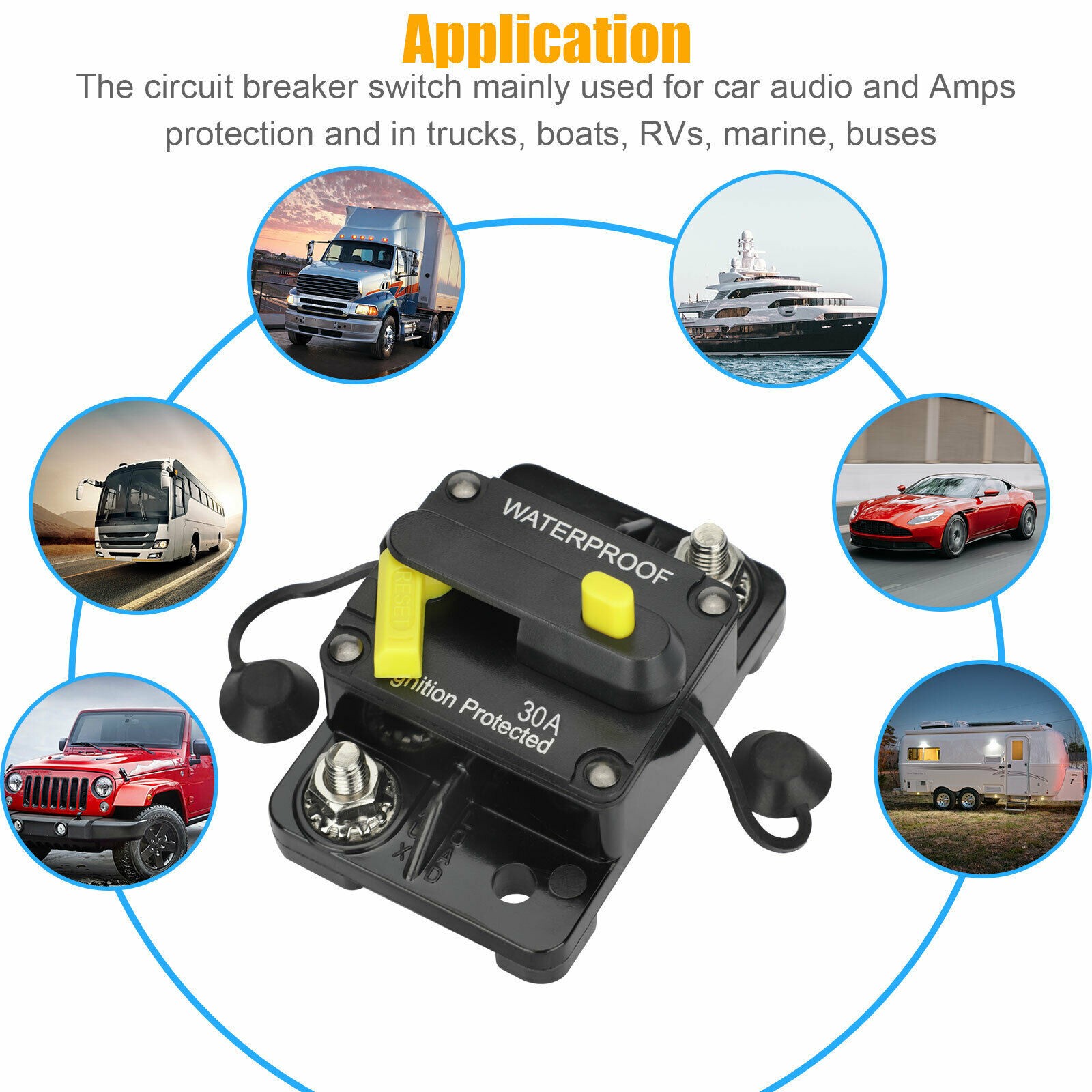 Waterproof Car Circuit Breaker Fuse Reset 30-300 Amp 12V-48V DC Car Boat Auto