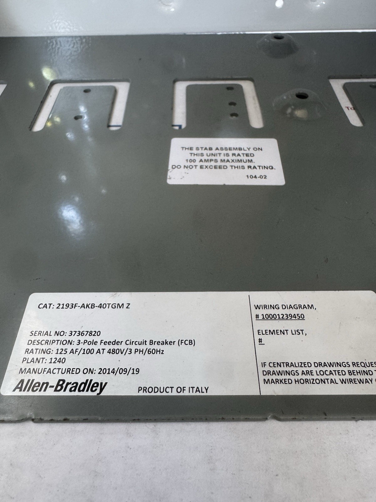 Allen Bradley 2193F-AKB-40TGMZ MCC Feeder Bucket 125AF 100AT 480V 3PH 60Hz