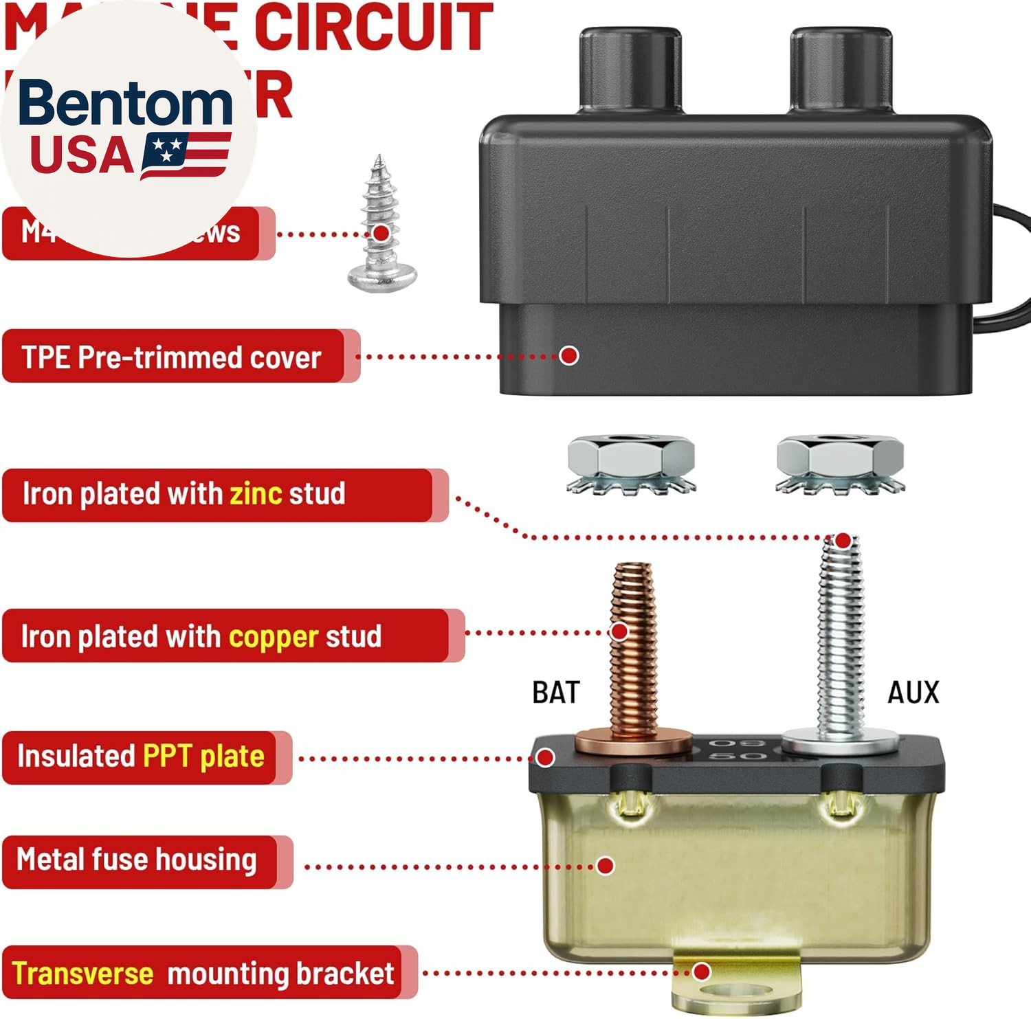 (30A 1PC) DC 12V-24V Automatic Reset Circuit Breaker #10-32 Stud Bolt Type Circu