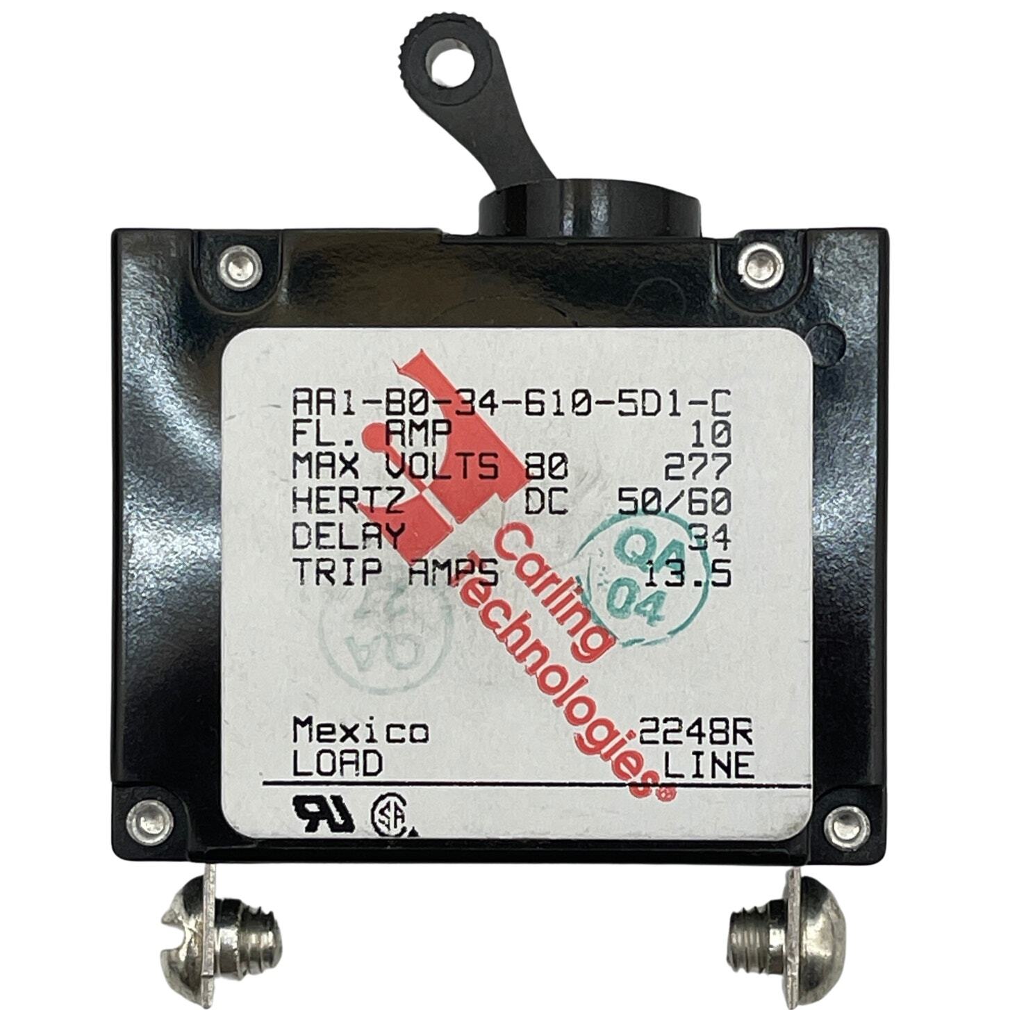 Carling Technologies Toggle Circuit Breaker AA1-B0-34-610-5D1-C 10A Molded Case