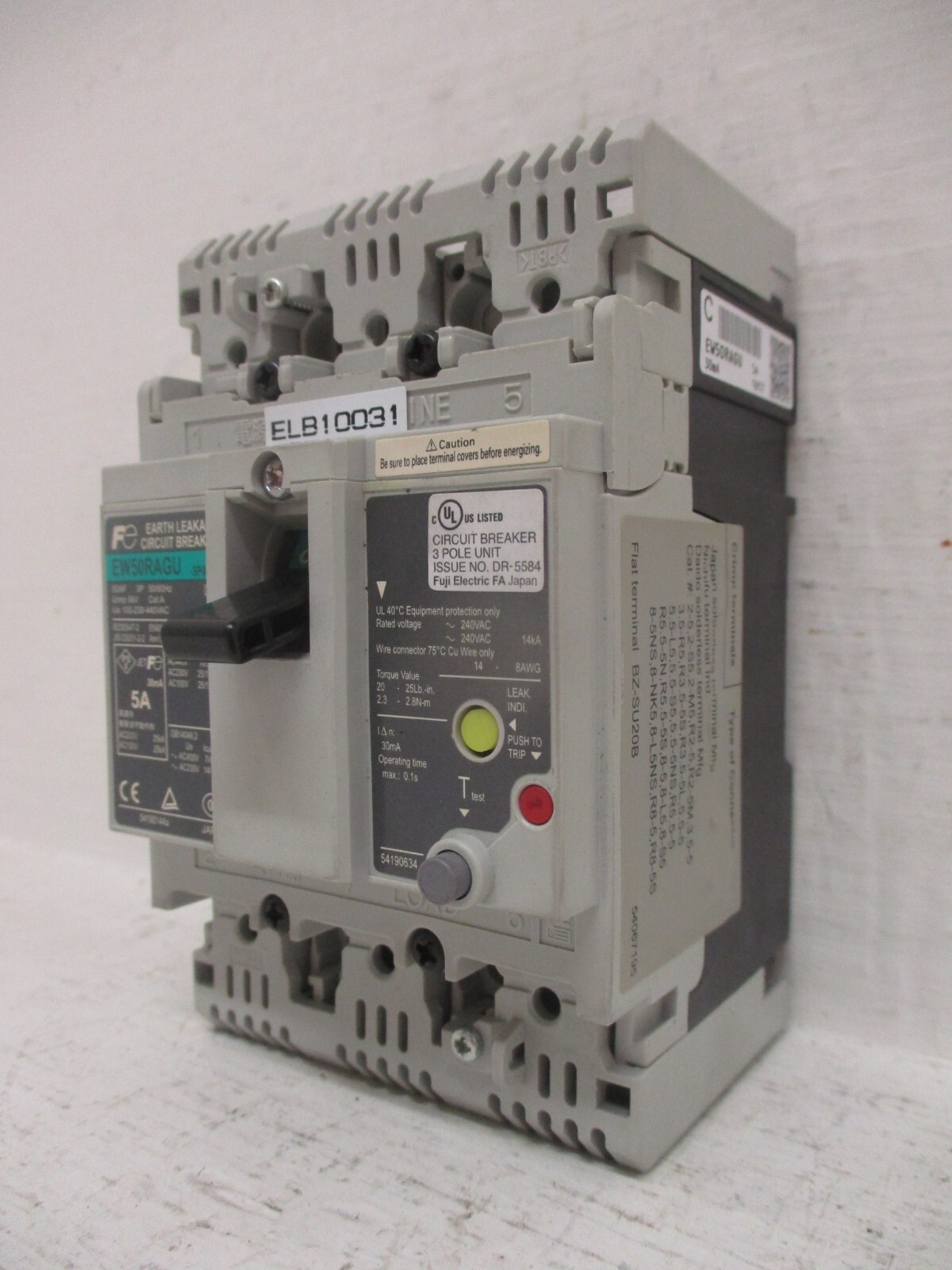Fuji Electric EW50RAGU-3P005 5 Amp Earth Leakage Breaker 5A 3-Pole 100-230-440V