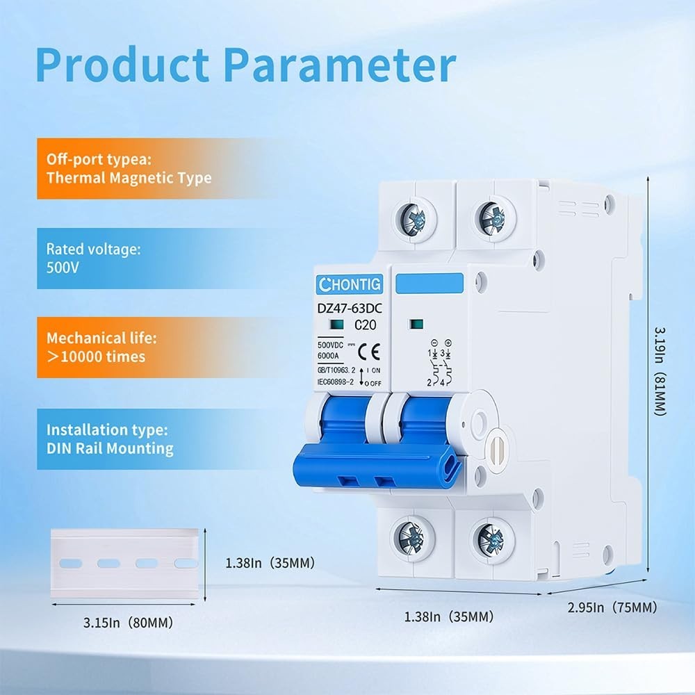 20 Amp Miniature DC Circuit Breaker 500V 2 Pole, Solar PV Disconnect Switch with