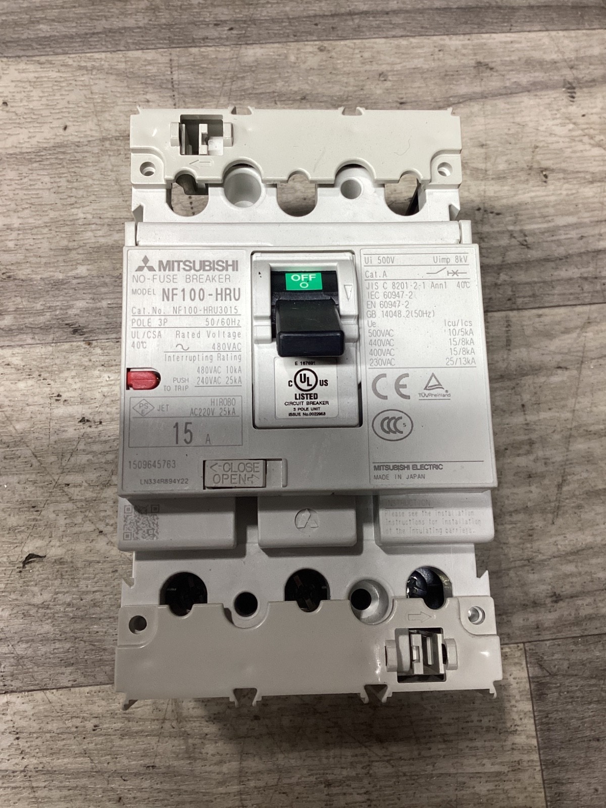 Mitsubishi NF100-HRU No-Fuse Breaker 3 Pole 15A 480vac #108A161PR2