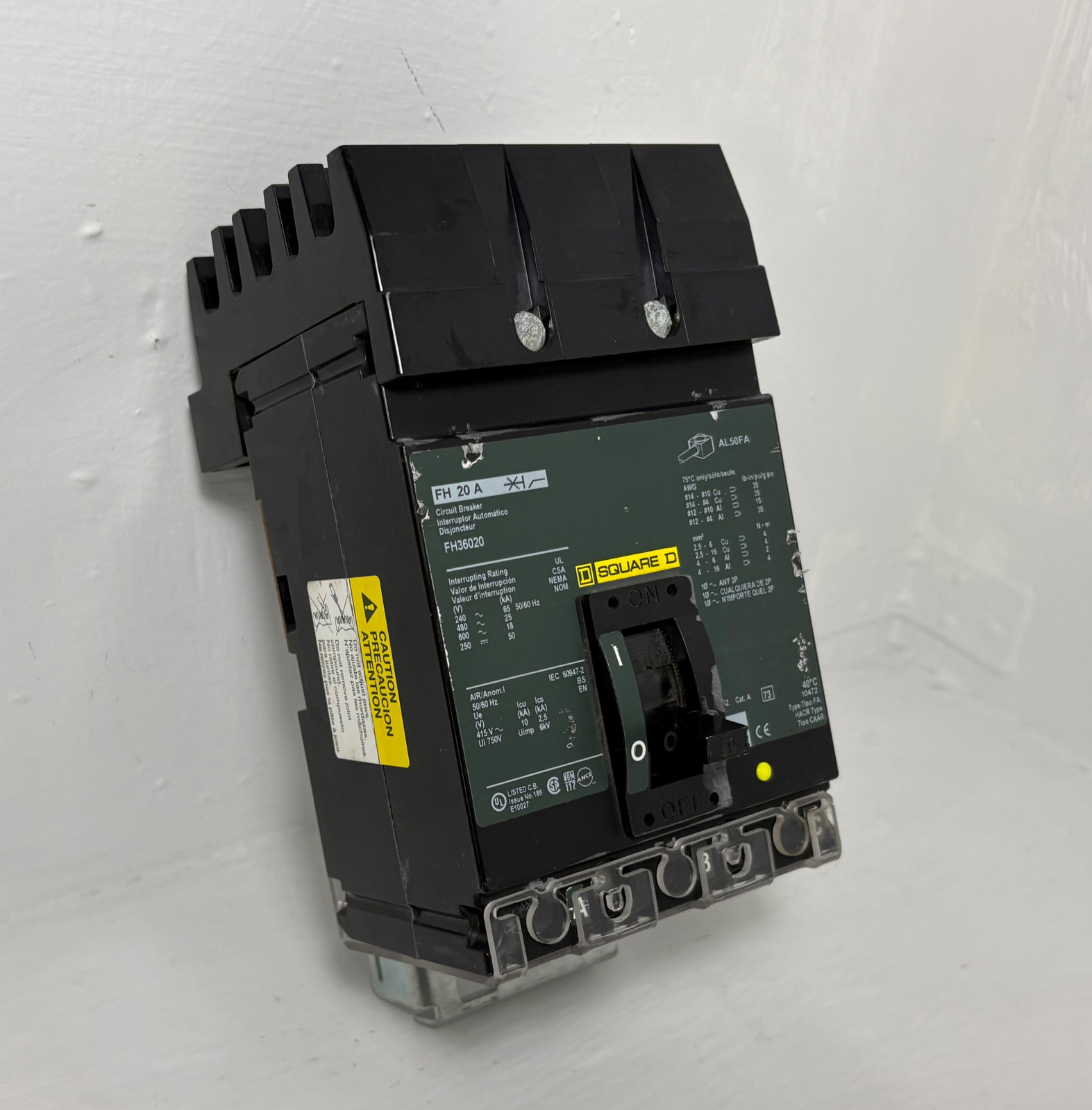 Square D I-Line FH36020 20A Circuit Breaker Green Label 600V 3P FA 20 Amp HACR