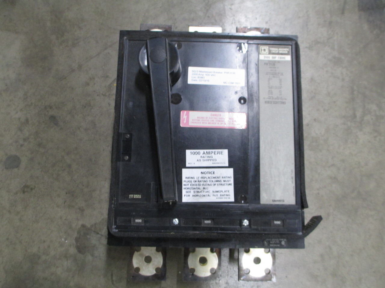 Sq D PHF2036 2000A Frame 1000A Rated 3P 600V Circuit Breaker MO/FM Used E-Ok