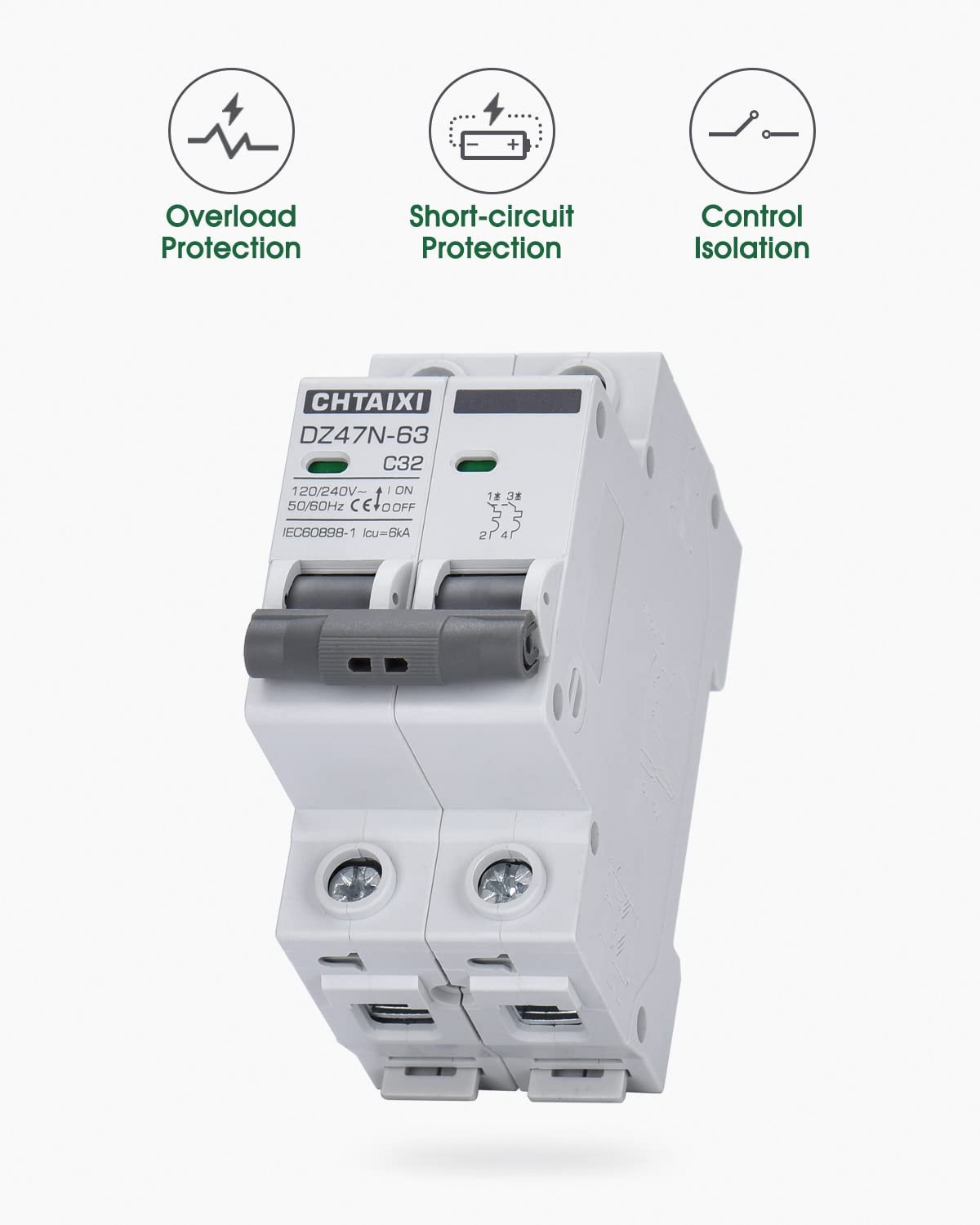 32A Miniature Circuit Breaker 2 Pole DIN Rail 120/240V AC MCB C32