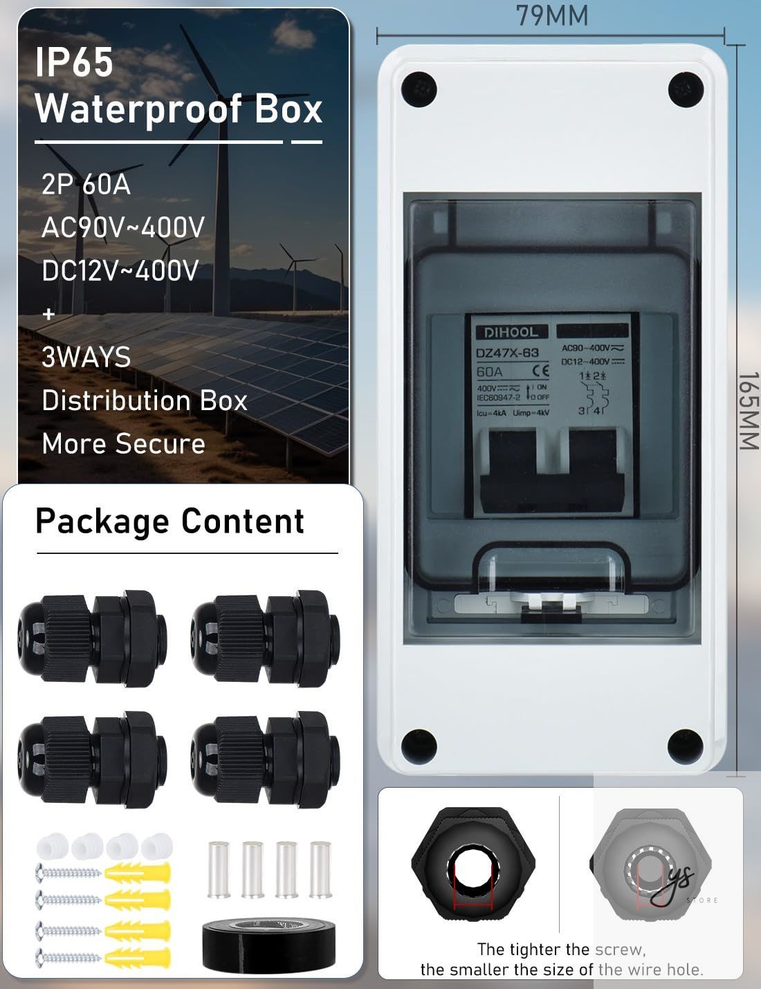 AC DC Circuit Breaker with IP65 Din Box for Solar Systems 60 Amp 2 Pole 12V-400V