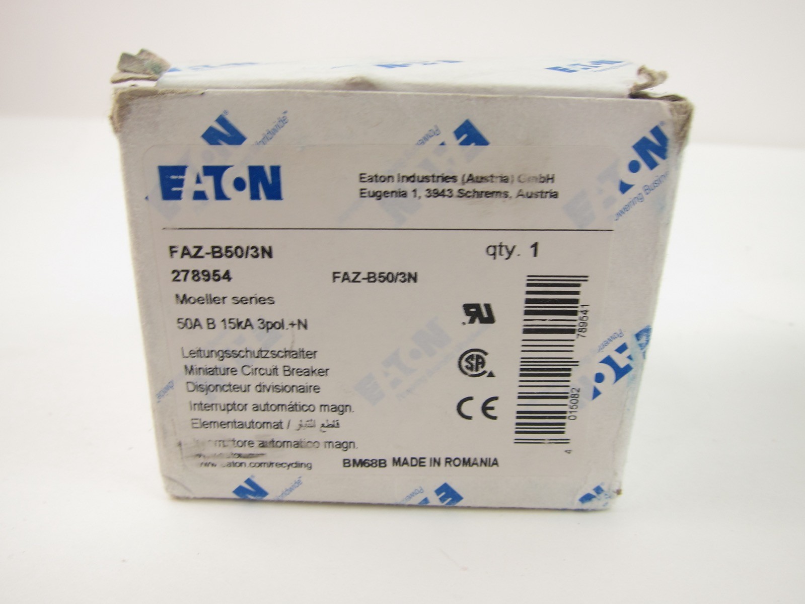 NEW Eaton FAZ-B50/3N Circuit Breaker 278954 3P 50A FAZB503N