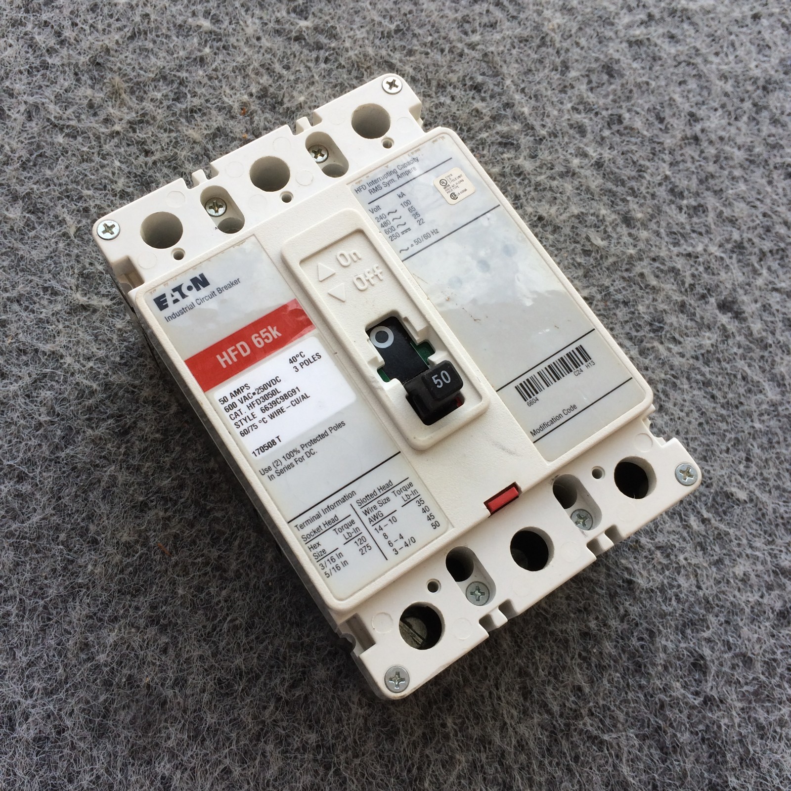 Eaton HFD3050L 50A Circuit Breaker Glossy Red 600V HFD3050 Cutler-Hammer 50 Amp