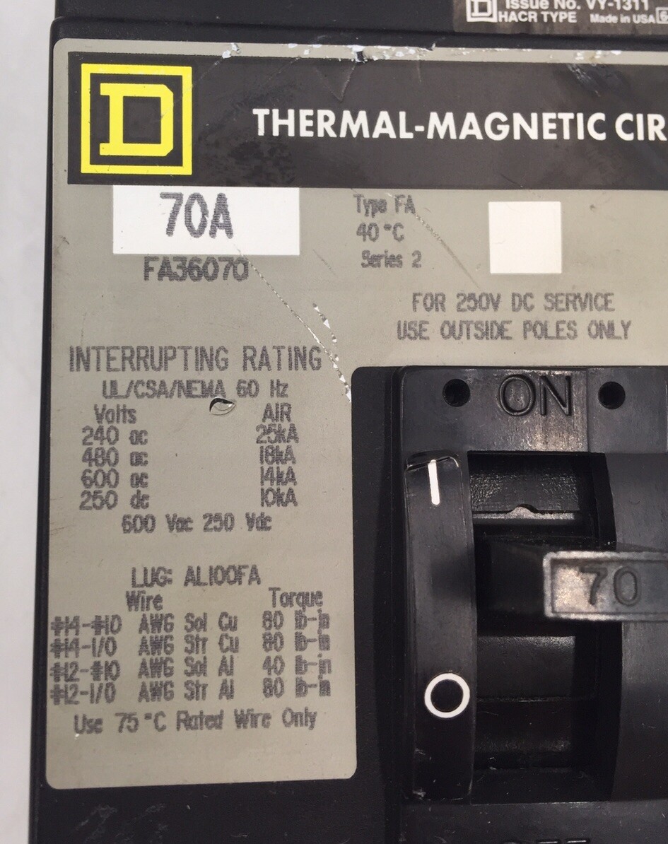 HOUSTON STOCK SQUARE D FA36070 TYPE FA 70 AMP REFURBISH FREE 2 DAY AIR BUY NOW