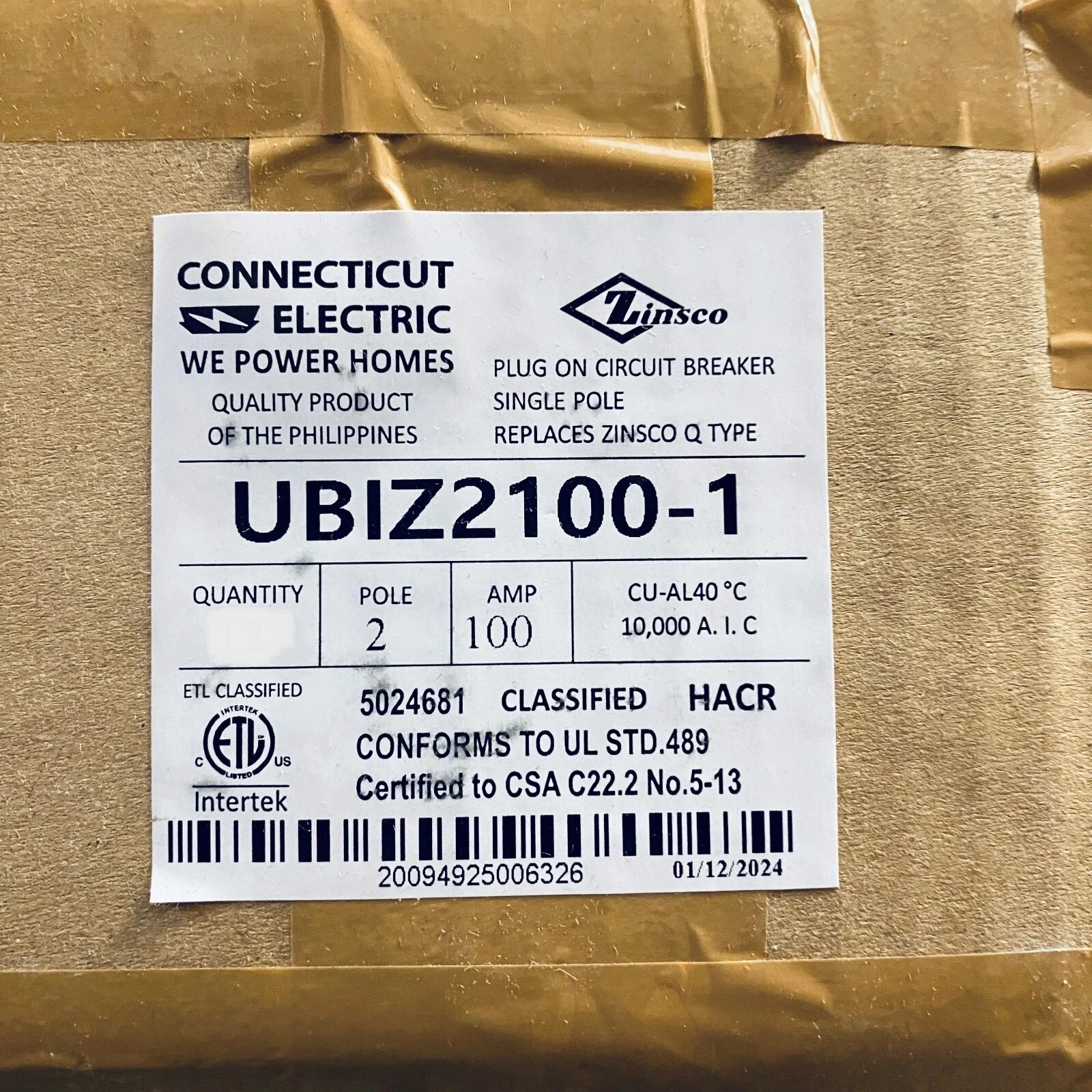 ZINSCO UBIZ2100 BREAKER 2POLE 100A REPLACES Q TYPE ZINSCO NEW IN BOX