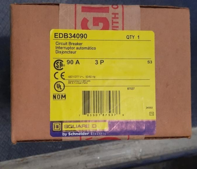 Square D EDB34090 Circuit Breaker – 90A, 3P, 480Y/277VAC, 25kA, Made in Mexico