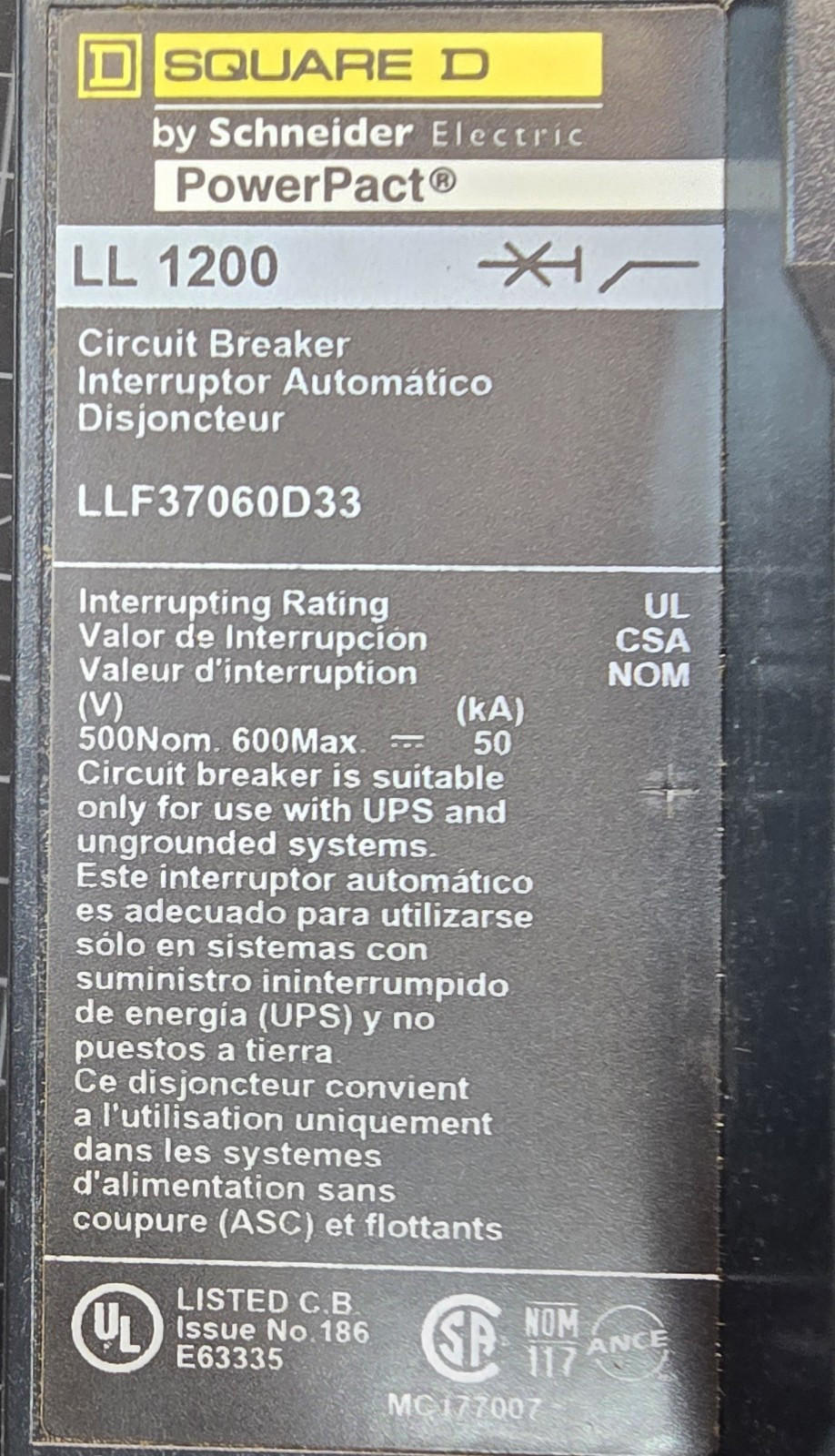 Schneider electric Square D LL 1200 Circuit breaker LLF37060D33 600A