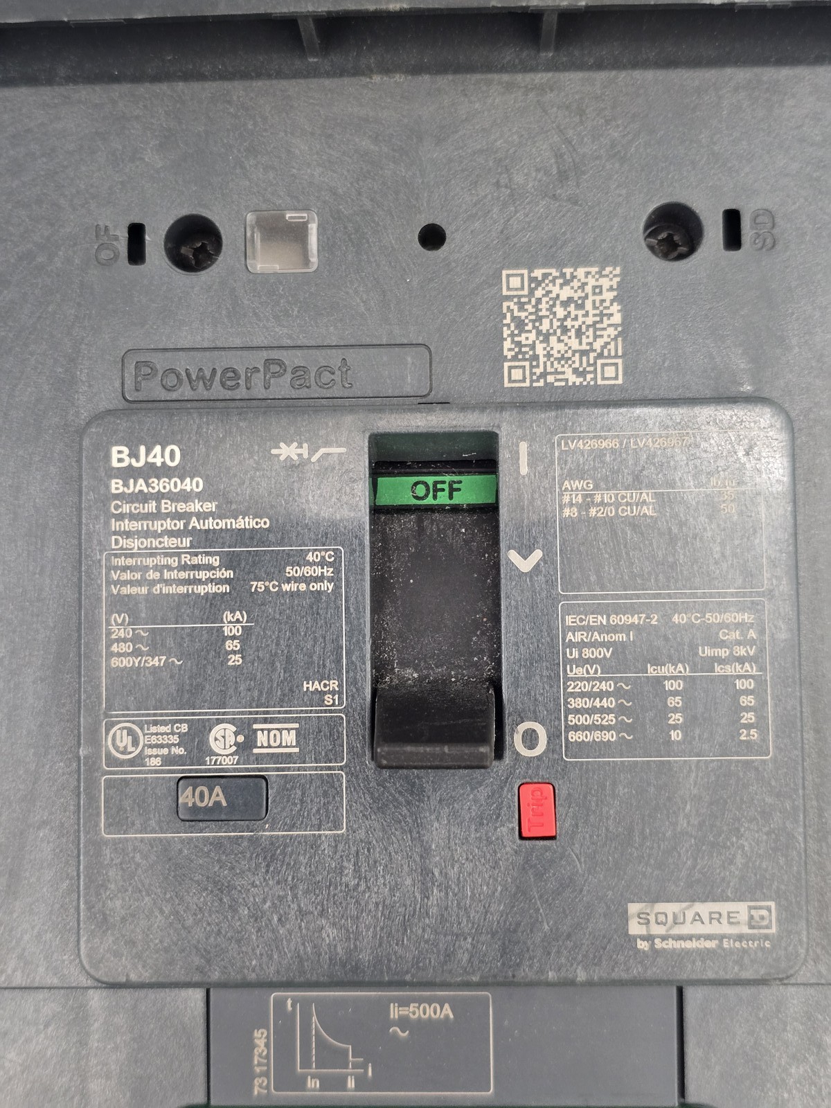 Square D BJA36040 I-Line PowerPact Circuit Breaker 40A 3P 600Y/347V HACR 50/60Hz