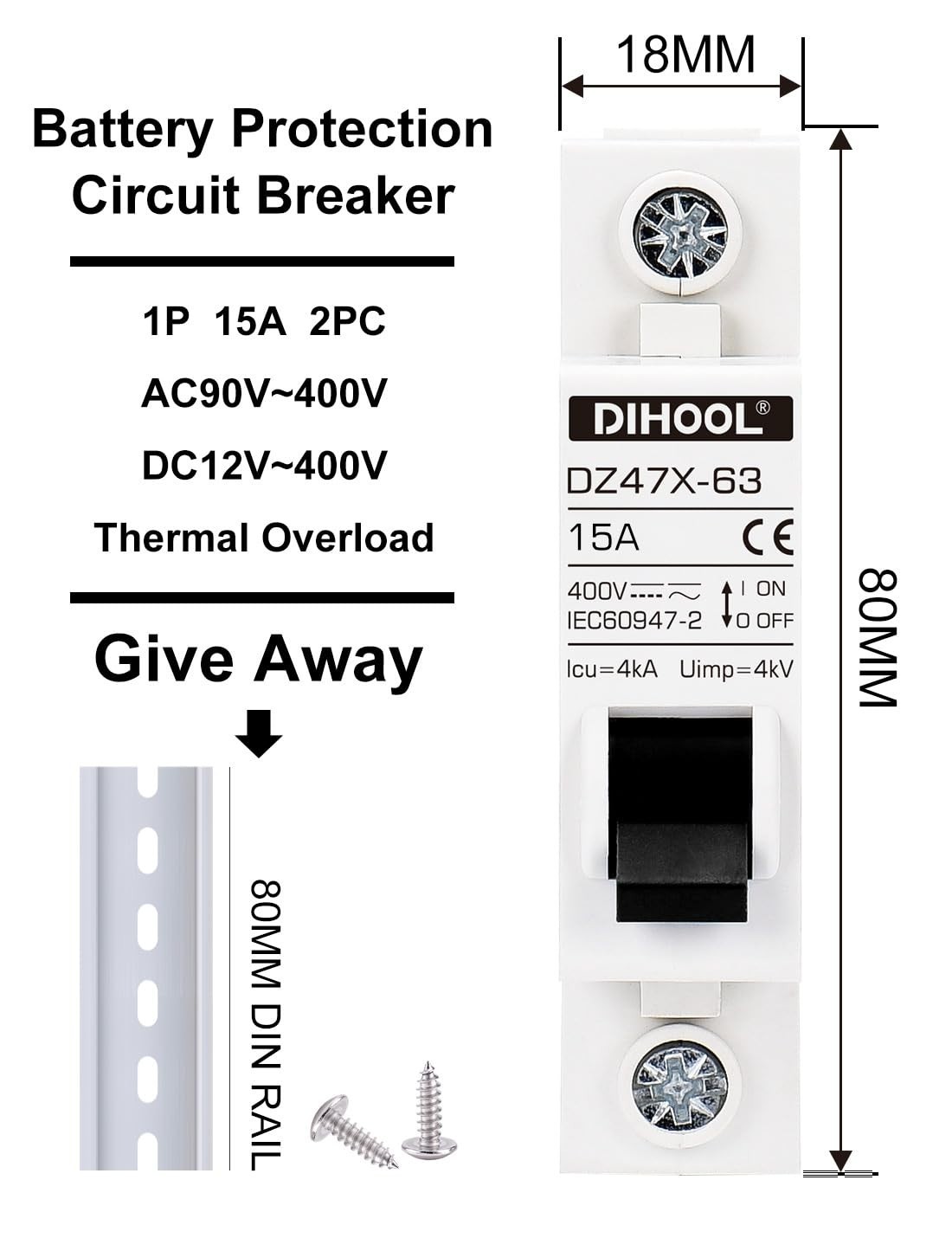 AC/DC Miniature Circuit Breaker 2-Pack 15 Amp Single Pole 12V-400V Solar RV DIN