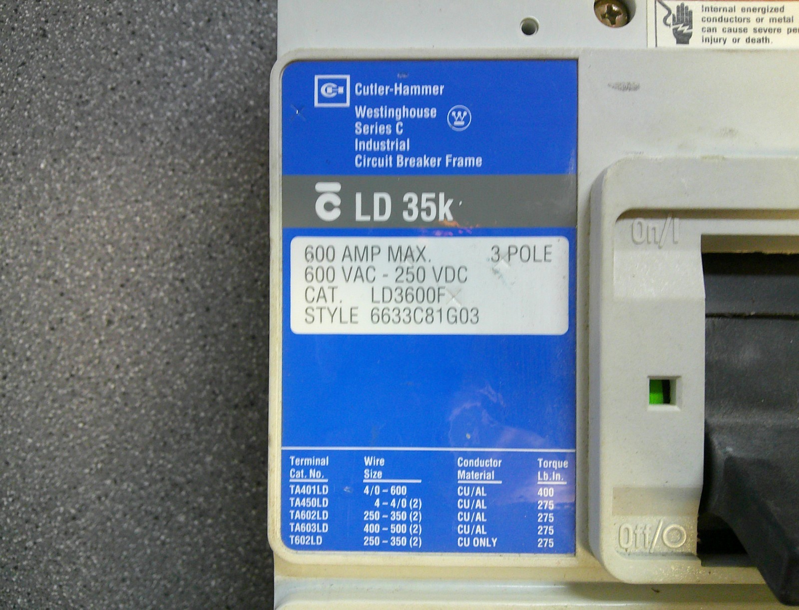 CUTLER HAMMER LD3600F 600 AMP 600 VOLT CIRCUIT BREAKER WITH MAGNETIC TRIP