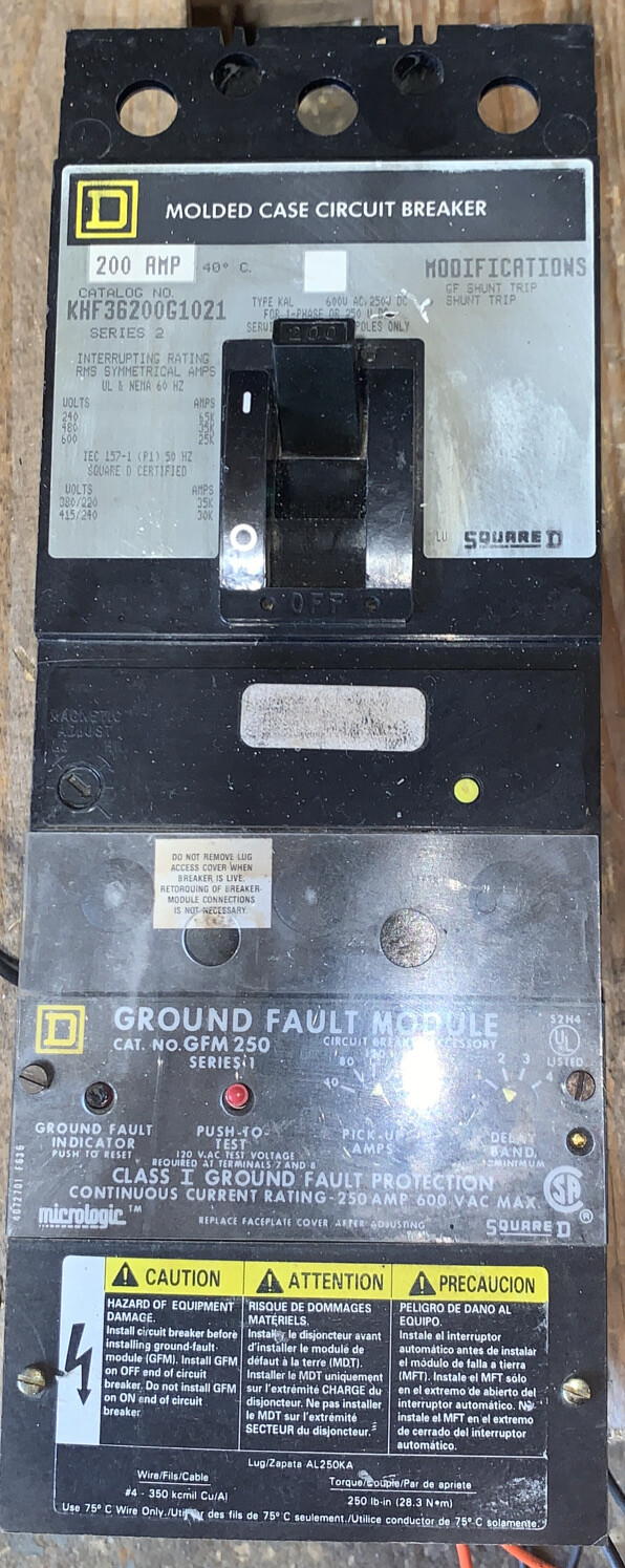 Square D KHF36200G1021/200A /3p /600V Circuit Breaker GFM250 Ground Fault Module