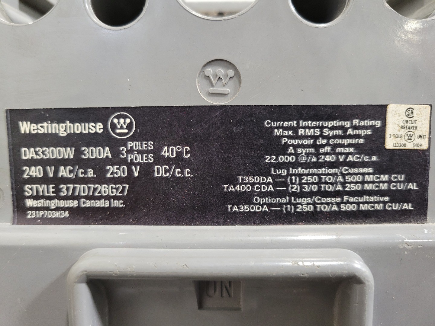 Westinghouse DA3300W 300 Amp 3 Pole Circuit Breaker