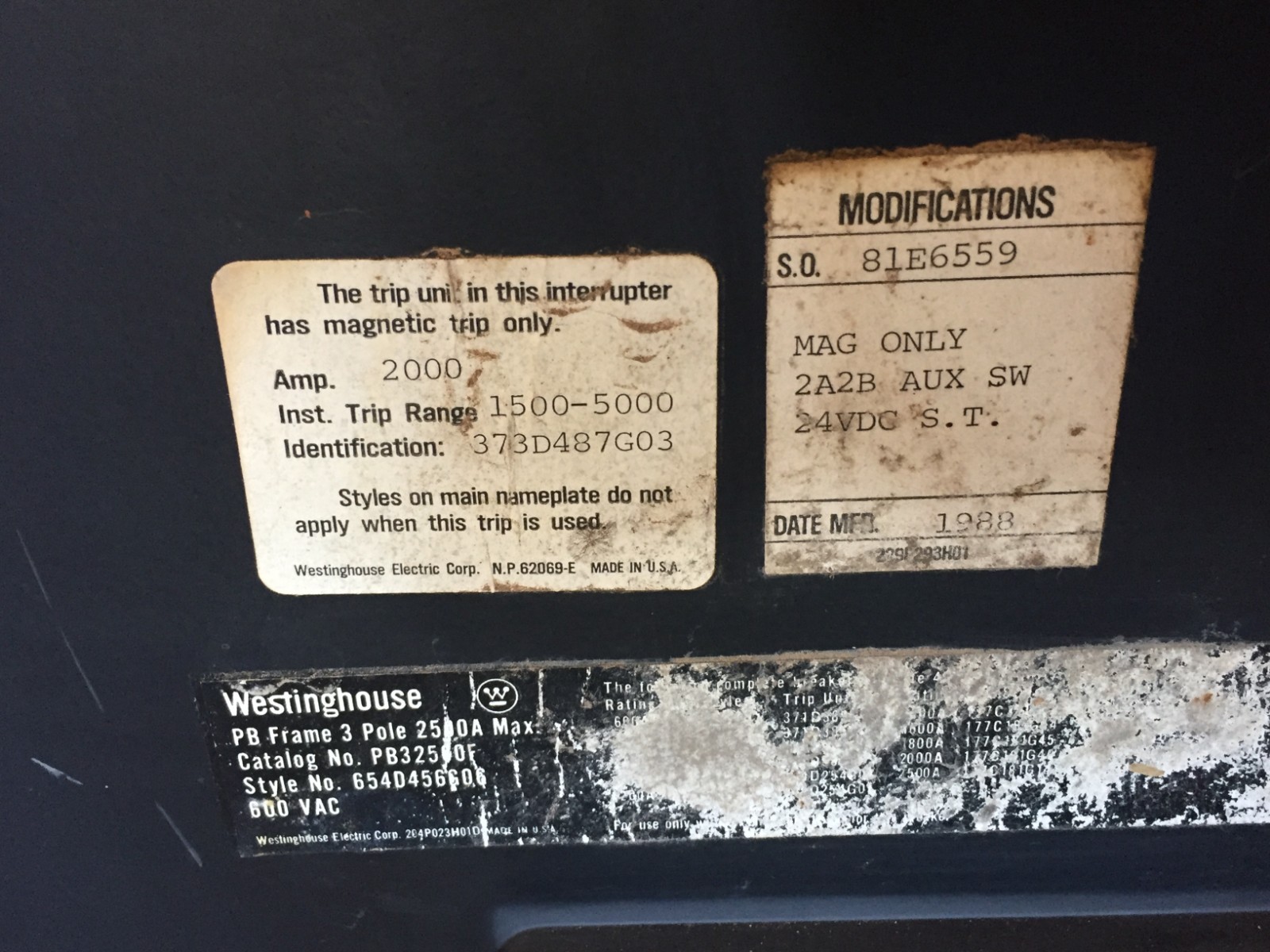 WESTINGHOUSE PB32500F 2000A 600V 3P BREAKER W/2000A TRIP