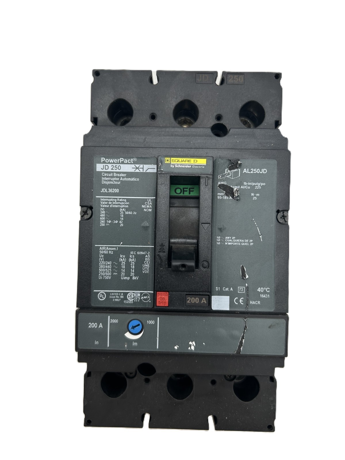 Square D JDL36200 PowerPact Circuit Breaker 200A 3-Pole 600VAC