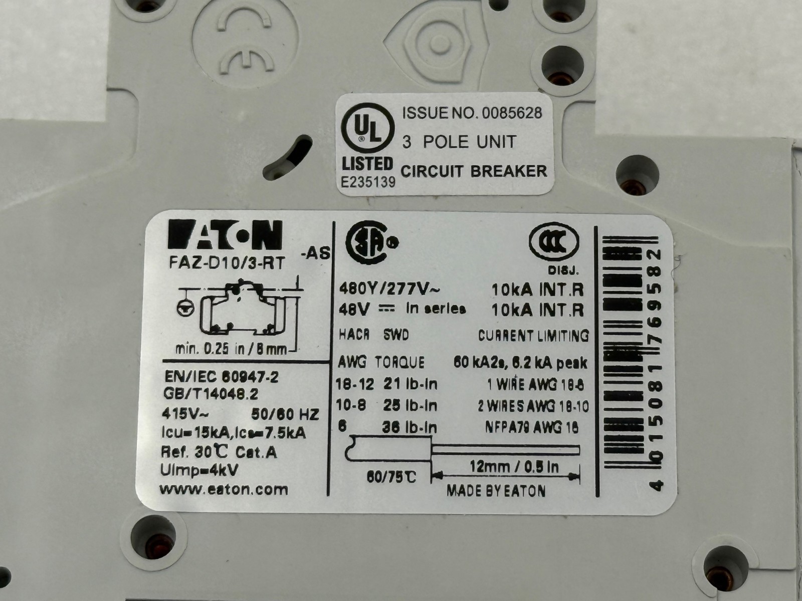 Eaton FAZ-D10/3-RT Moeller Series 3 Phase Circuit Breaker New in Box Surplus