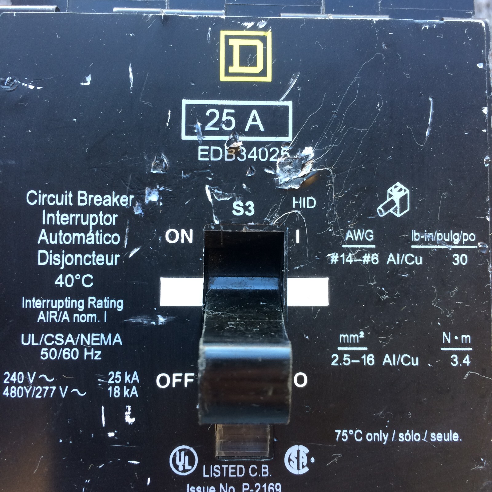 SQUARE D EDB34025 25 Amp 480 Volt Bolt On 3P Circuit Breaker (Fast Shipping)
