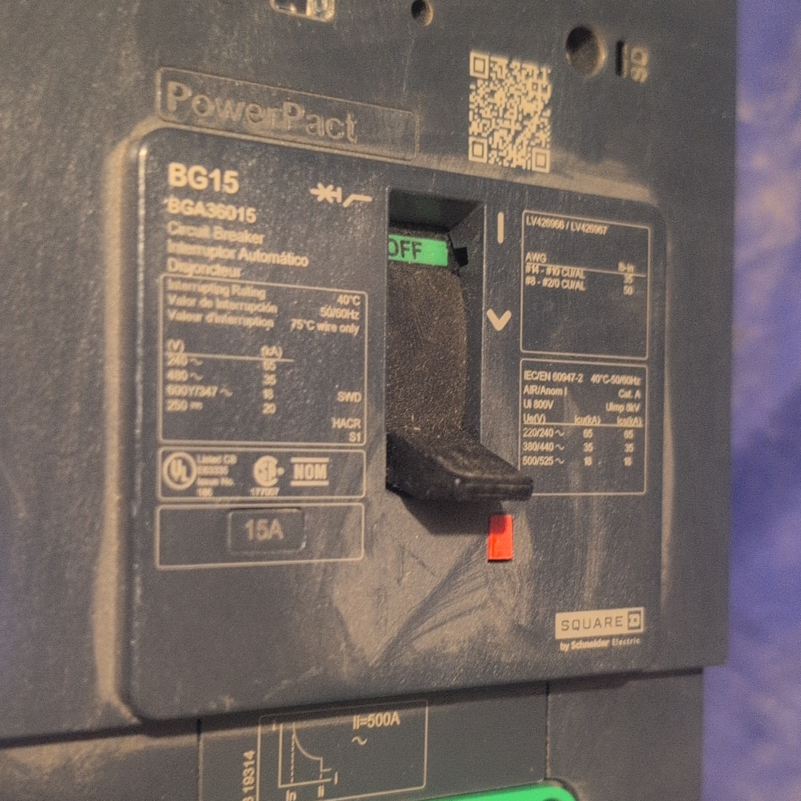 Square D PowerPact BG15 BGA36015 Circuit Breaker 15A 600VAC 3-Pole AC
