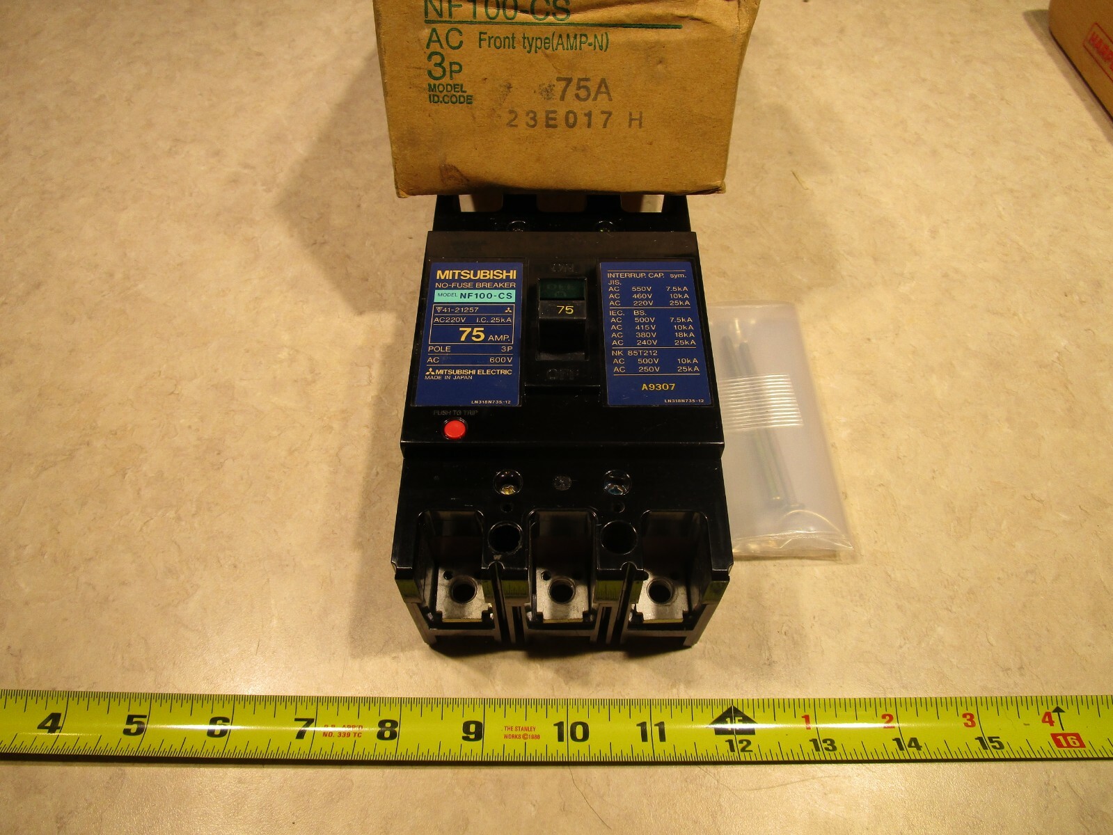 Mitsubishi NF100-CS No-Fuse Circuit Breaker, 75 A, 3 Pole, 600VAC, D0031