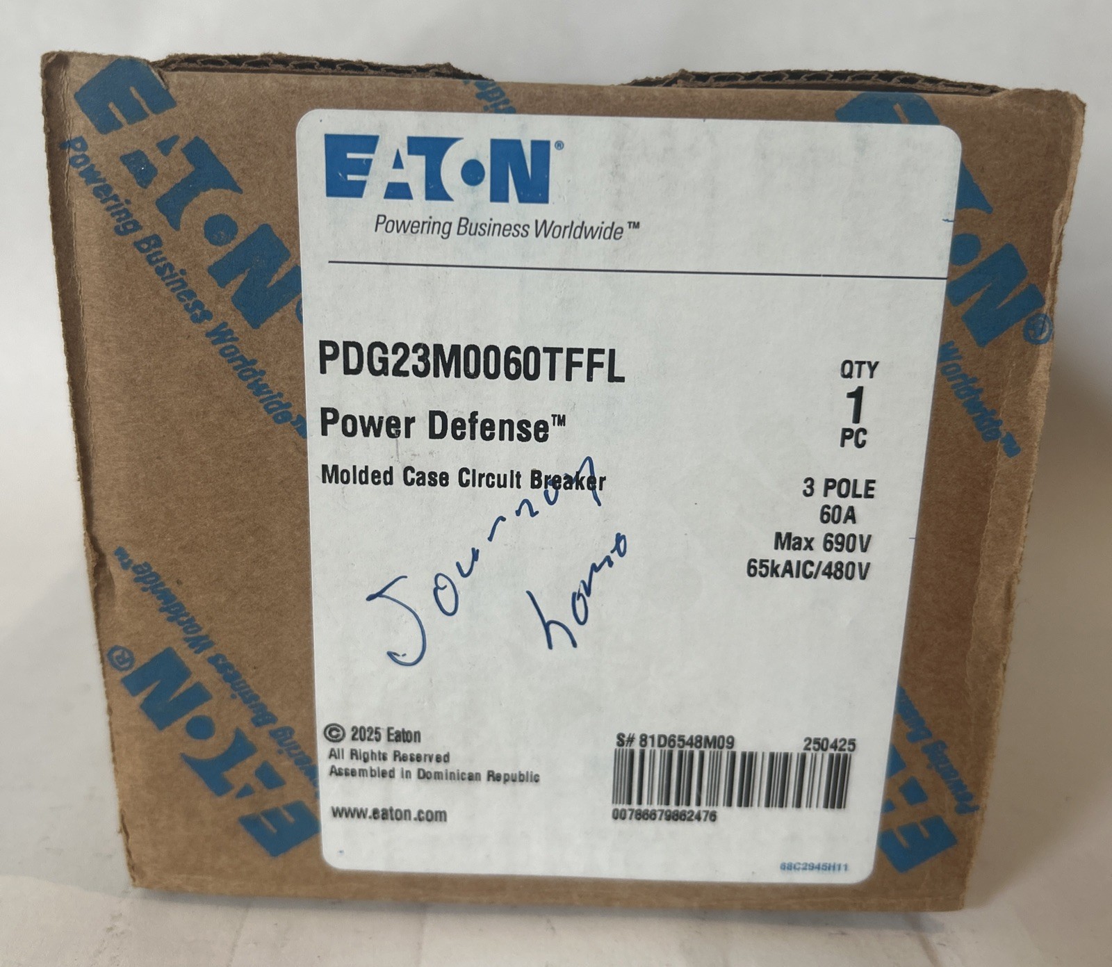 Eaton PDG23M0060TFFL 60 Amp 3 Pole 690 V Max 100 kA 50/60 Hz Circuit Breaker