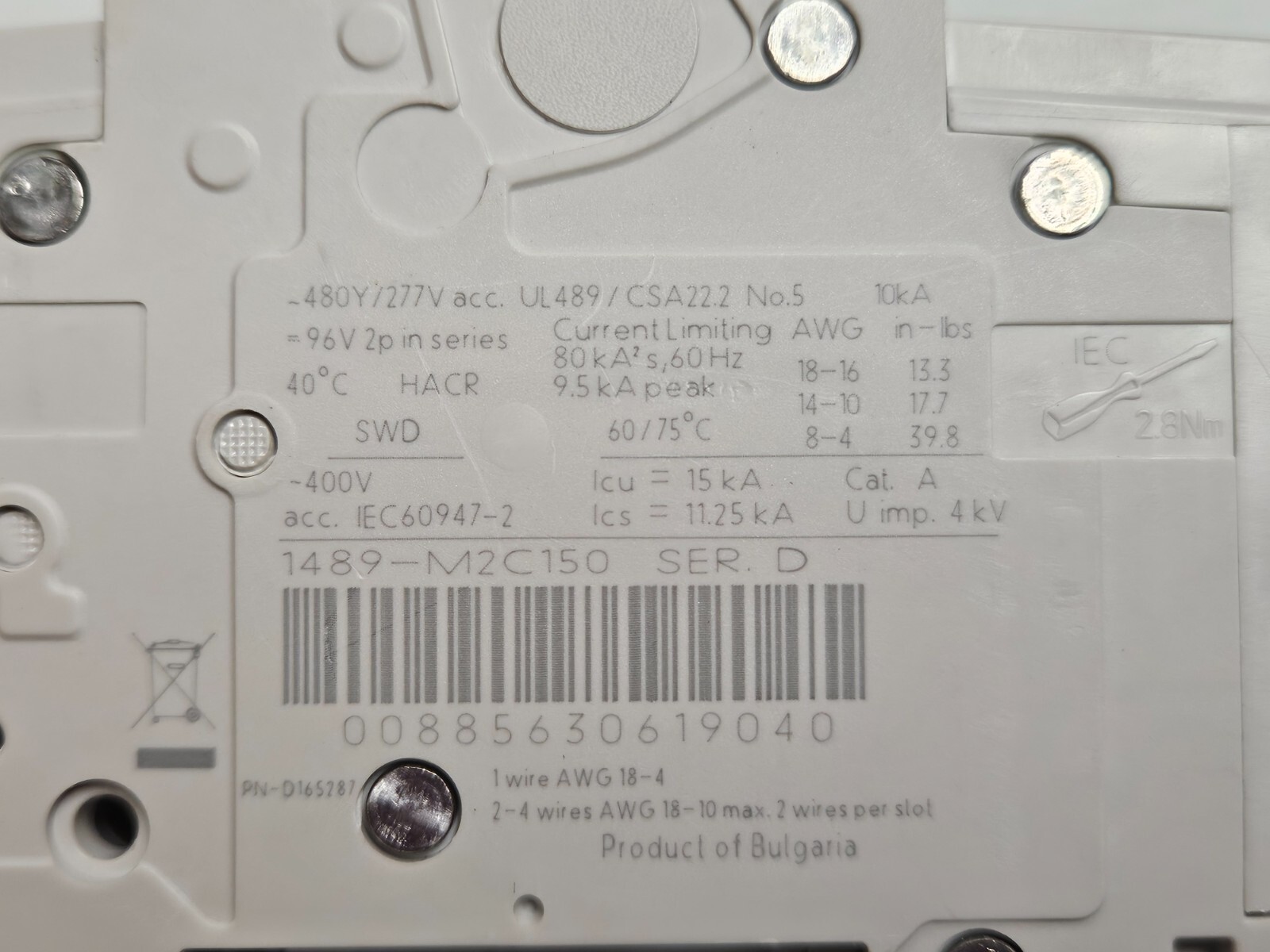 ALLEN BRADLEY CIRCUIT BREAKER 1489-M C15A 15 A AMP 2P 2 POLE 480Y/277V – USED