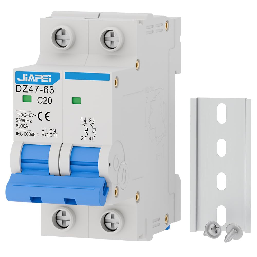 AC Miniature Circuit Breaker 120V/240V 2 Pole 20Amp DIN Rail Mount MCB C20 Solar