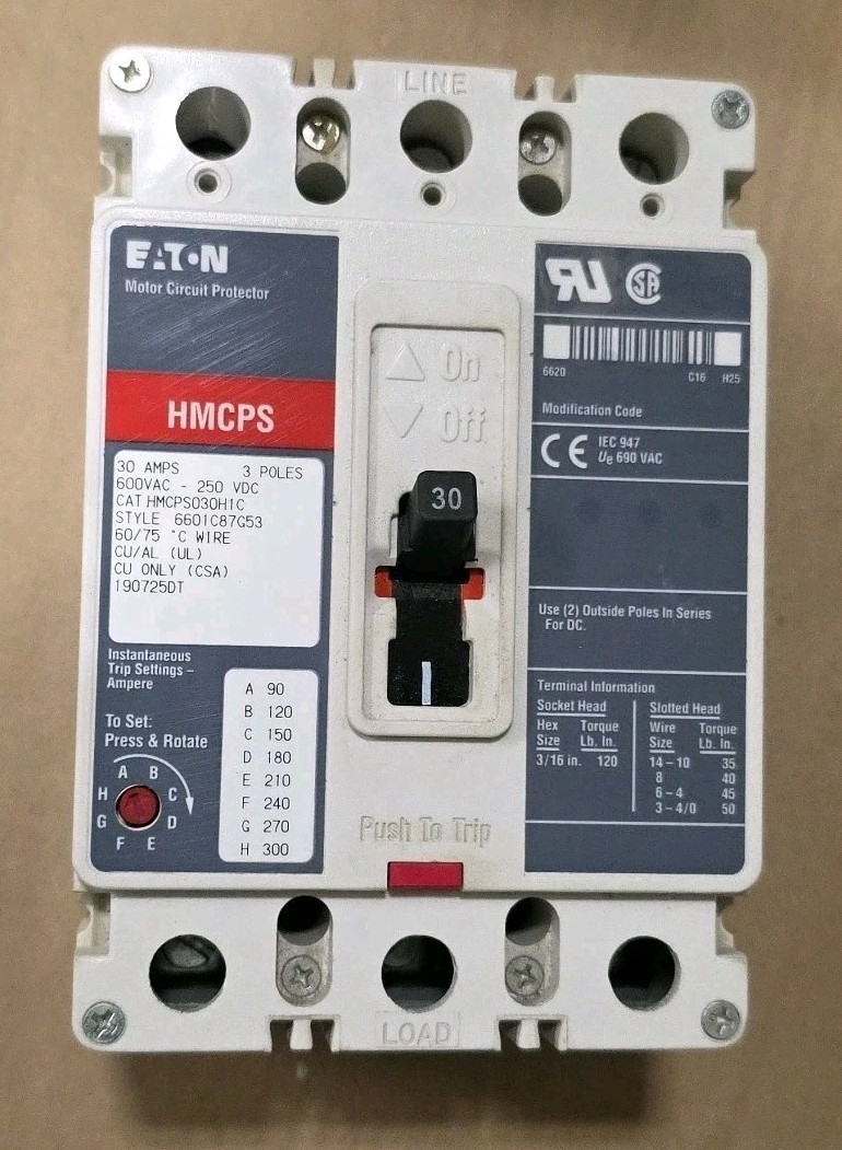 Eaton Westinghouse HMCPS HMCPS030H1C 3 Pole 30 Amp 600v Circuit Breaker