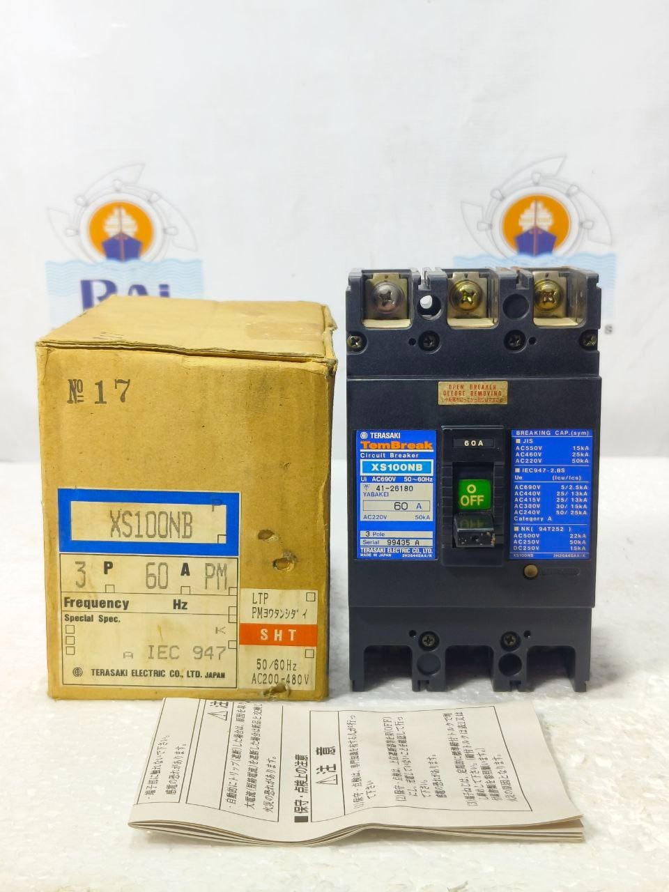 TERASAKI TEMBREAK XS100NB 3POLE 60A CIRCUIT BREAKER WITH 200-480 VAC SHUNT TRIP