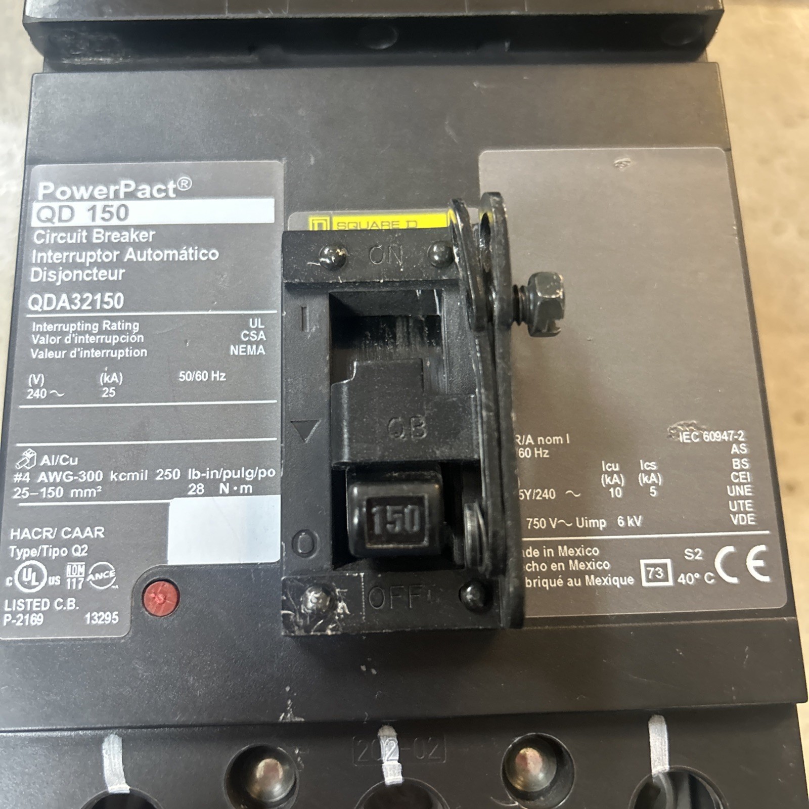 Square D CAT# QDA32150 150A/240V 3 POLES TESTED, GUARANTEED & FREE SHIPPING!