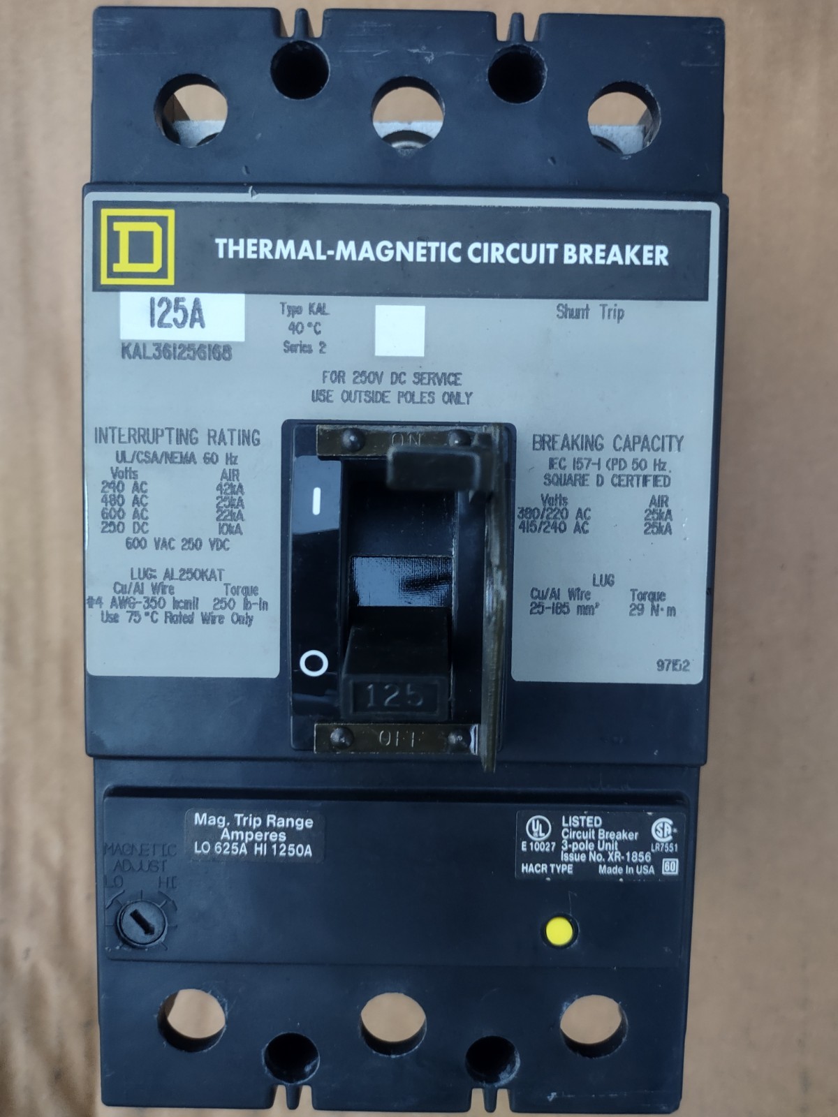 Square D KAL361256168 125A 3P Thermal-Magnetic Circuit Breaker Shunt Trip