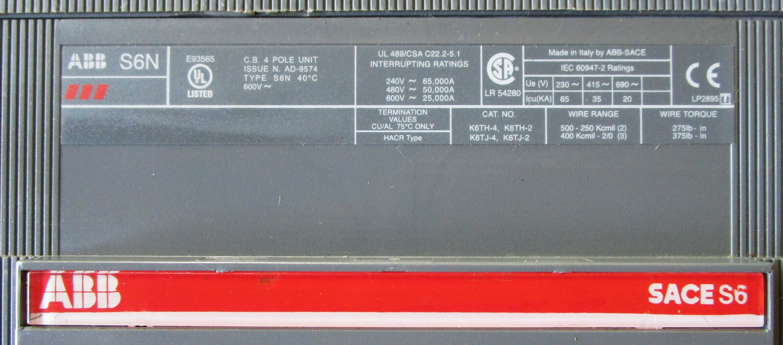 ABB S6N SACE S6 4 Pole Molded Case Switch 800 Amps 600VAC Used Take Out W2