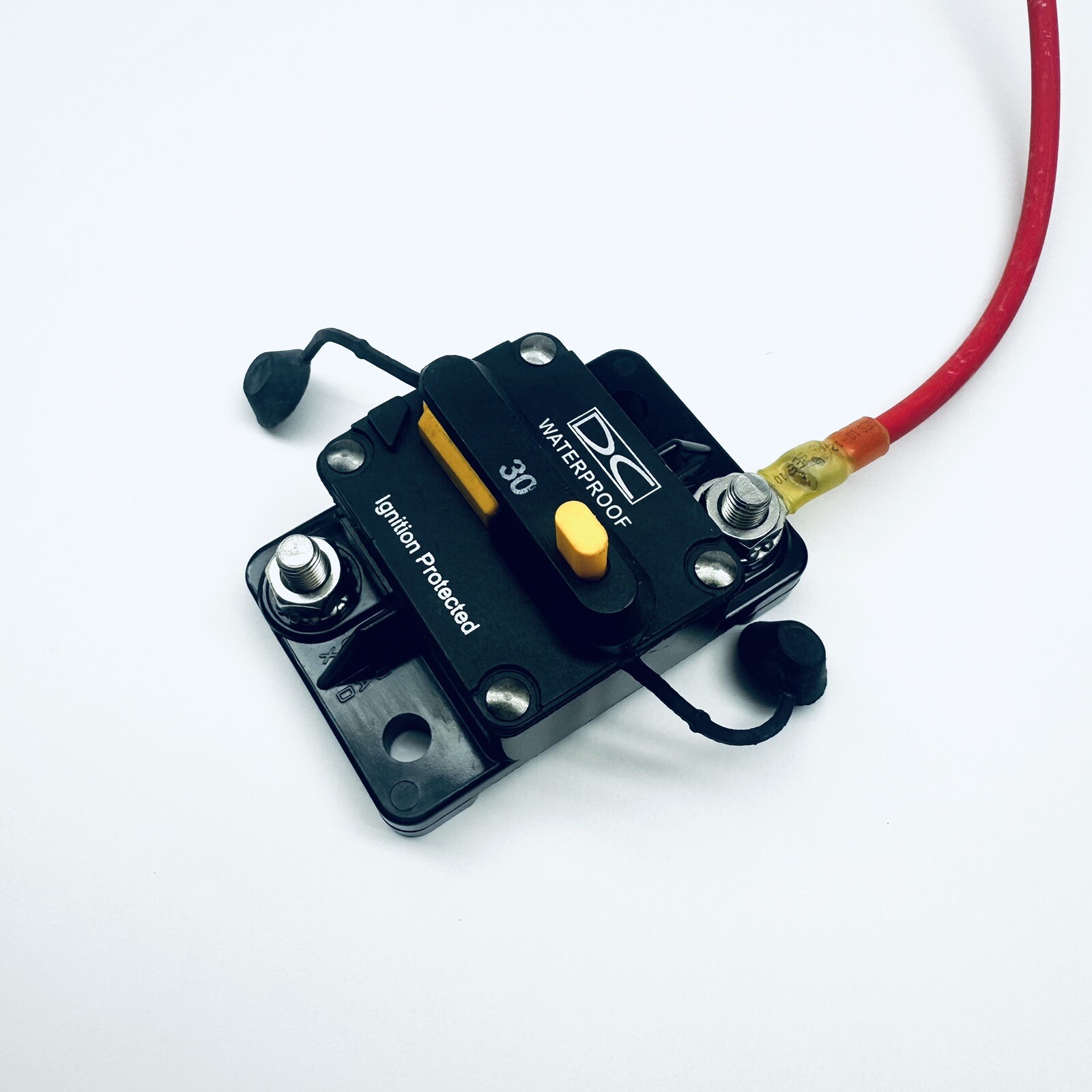 30A Surface Mount Waterproof DC Circuit Breaker with 12″ red cable connection