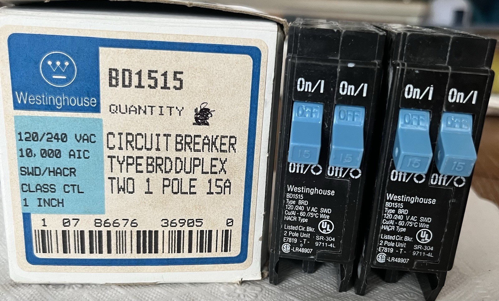 (2) NEW NOS Westinghouse 15A BD1515 Tandem Circuit Breakers. Type HACR BRD