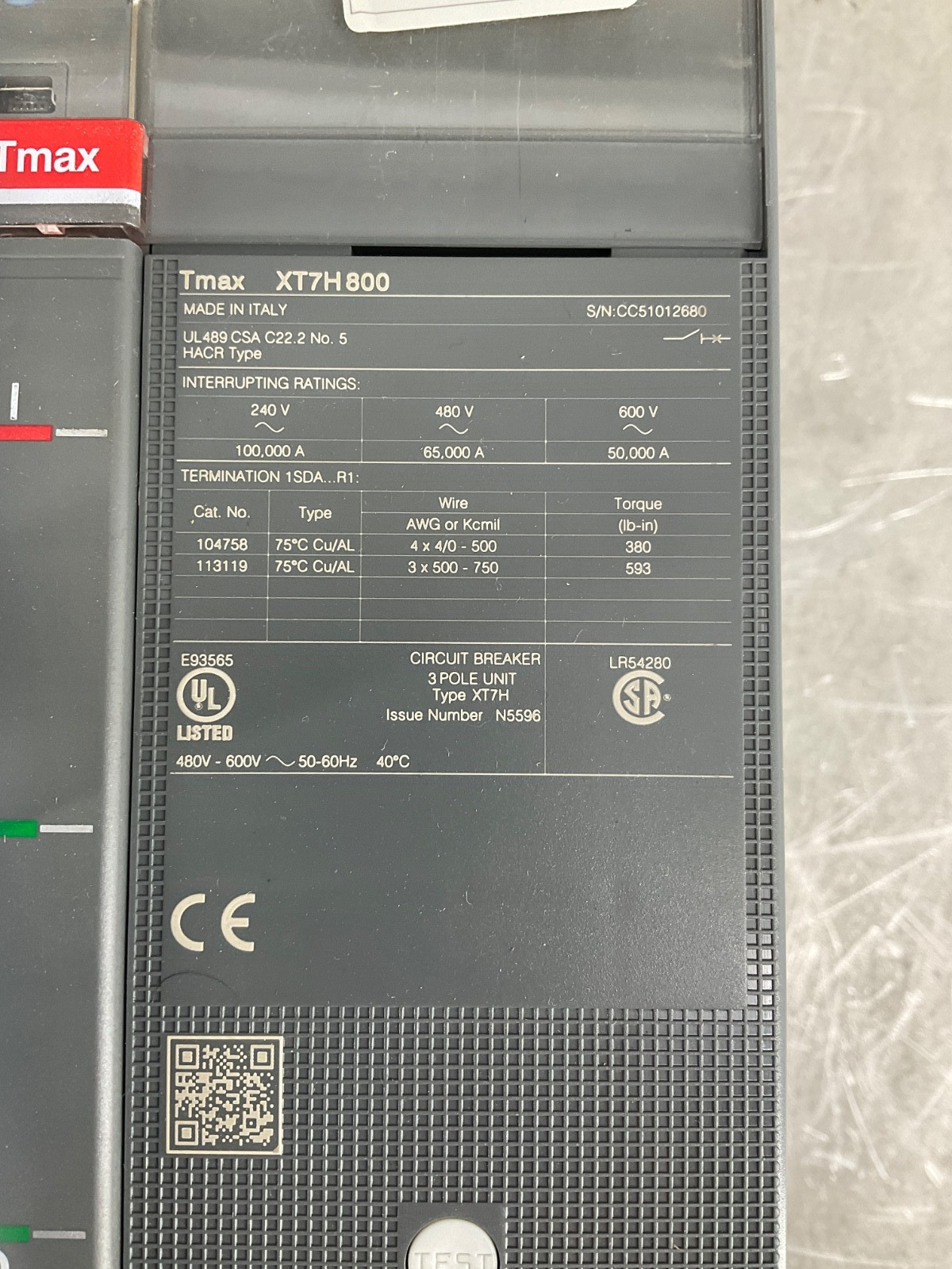 ABB XT7HU380CEFF000XXX TMAX CIRCUIT BREAKER 800 A 3P EKIP DIP LS/I NEW