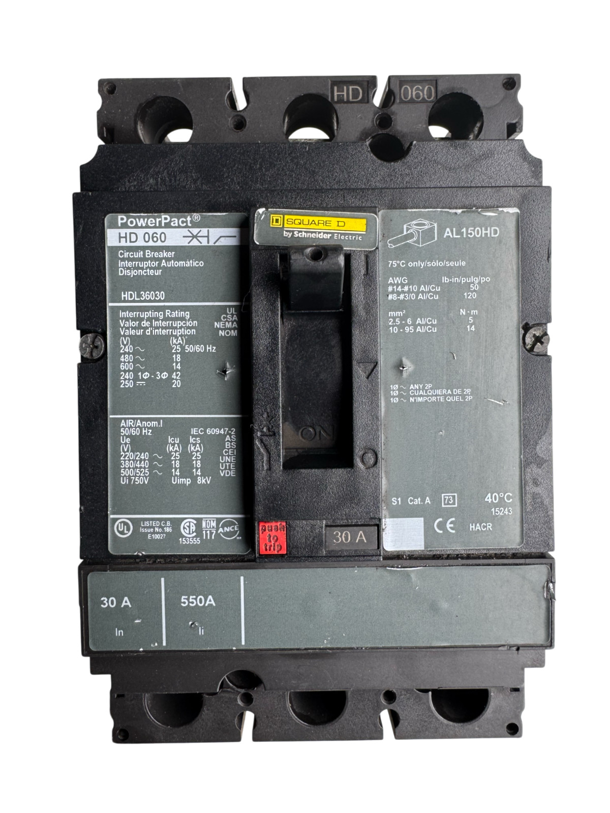 Square D HDL36030 PowerPacT H-Frame 30A 3 Pole 600V Molded Case Circuit Breaker