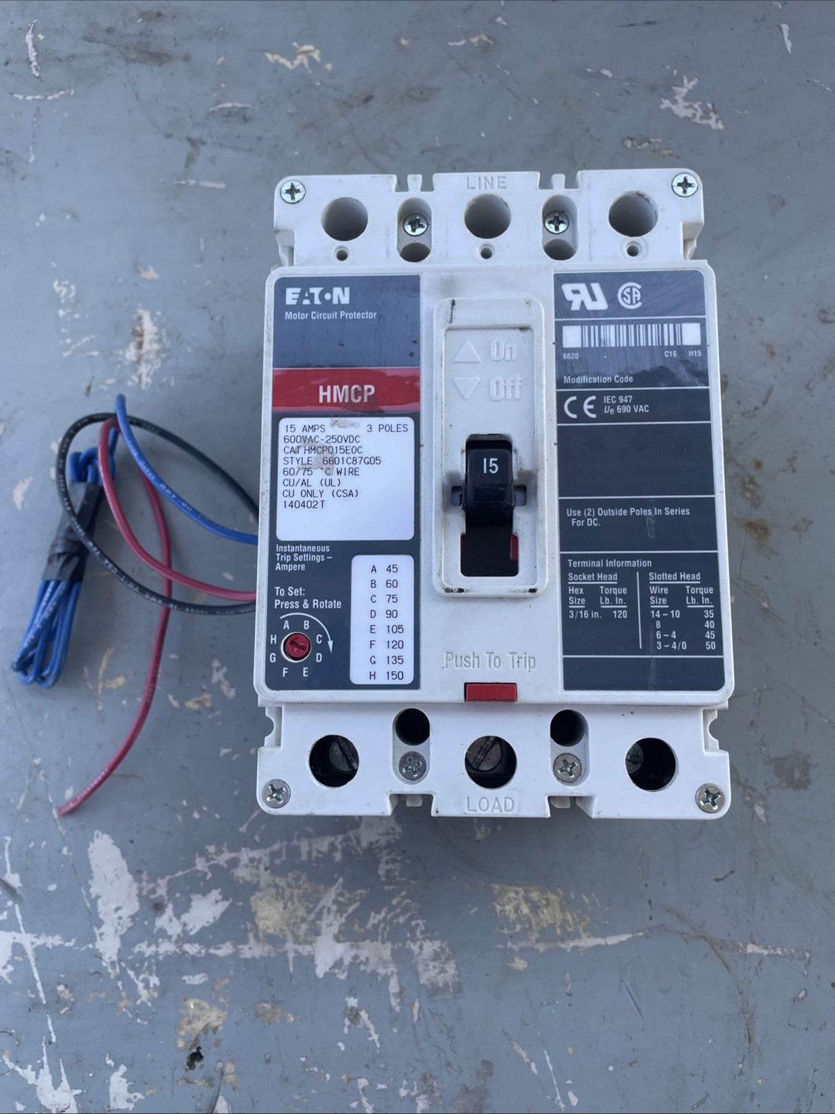 Used EATON /Cutler Hammer HMCP015EOC 15 Amp 600 Volt 3 Pole Circuit Breaker