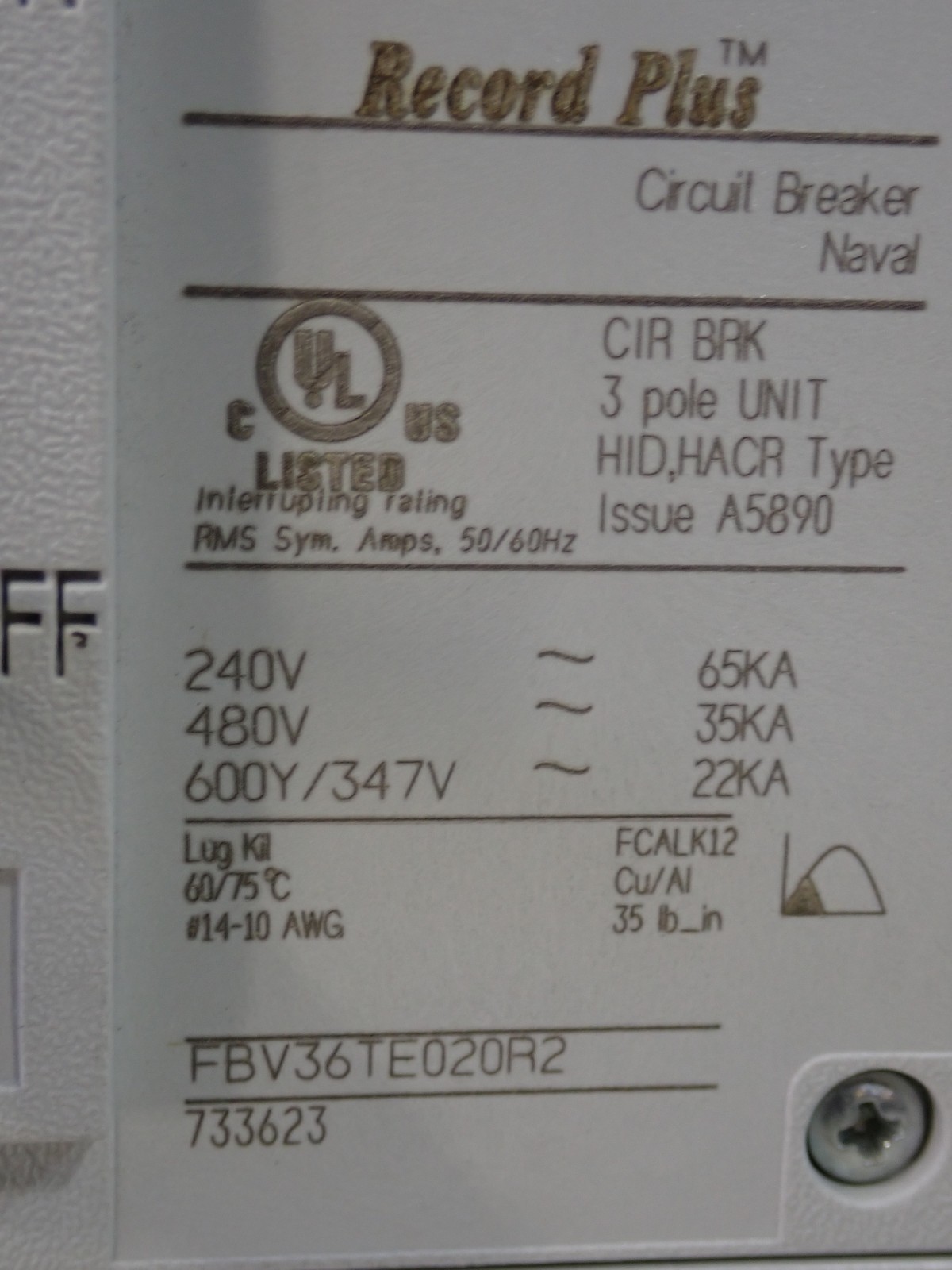 GE FBV36TE020RV 3 pole 20 Amp Volt 35kA@480V Record Plus FBV Circuit Breaker
