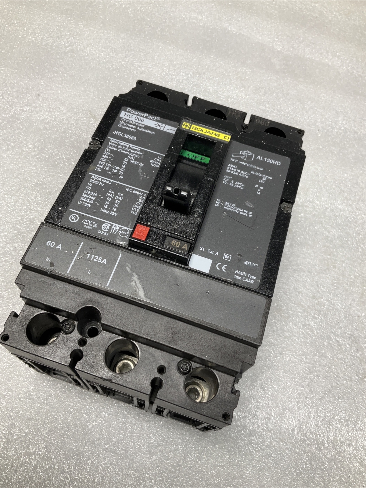 SQUARE D HGL36060 POWERPACT CIRCUIT BREAKER 60 AMP 600 VOLT 3-POLE