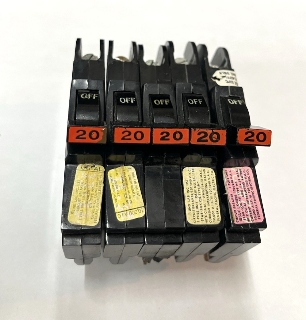 Lot of (5) NC120 FPE20 Amp 1 Pole Stab-Lok Federal Pacific Breaker NC20 Red