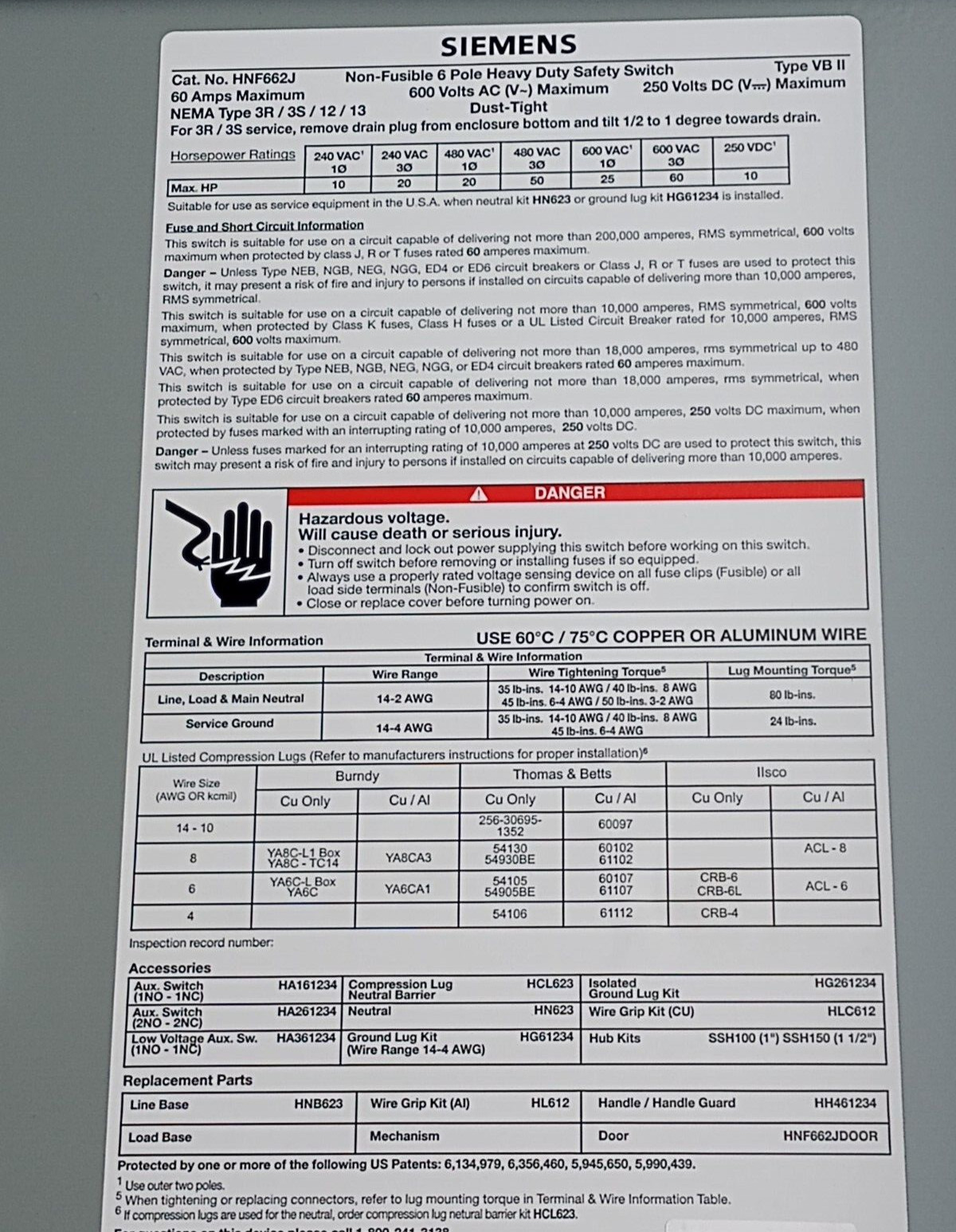 Siemens HNF662J HD Enclosed Non-Fusible, LV Safety Switch, 60A, 600V, 6P, N3R