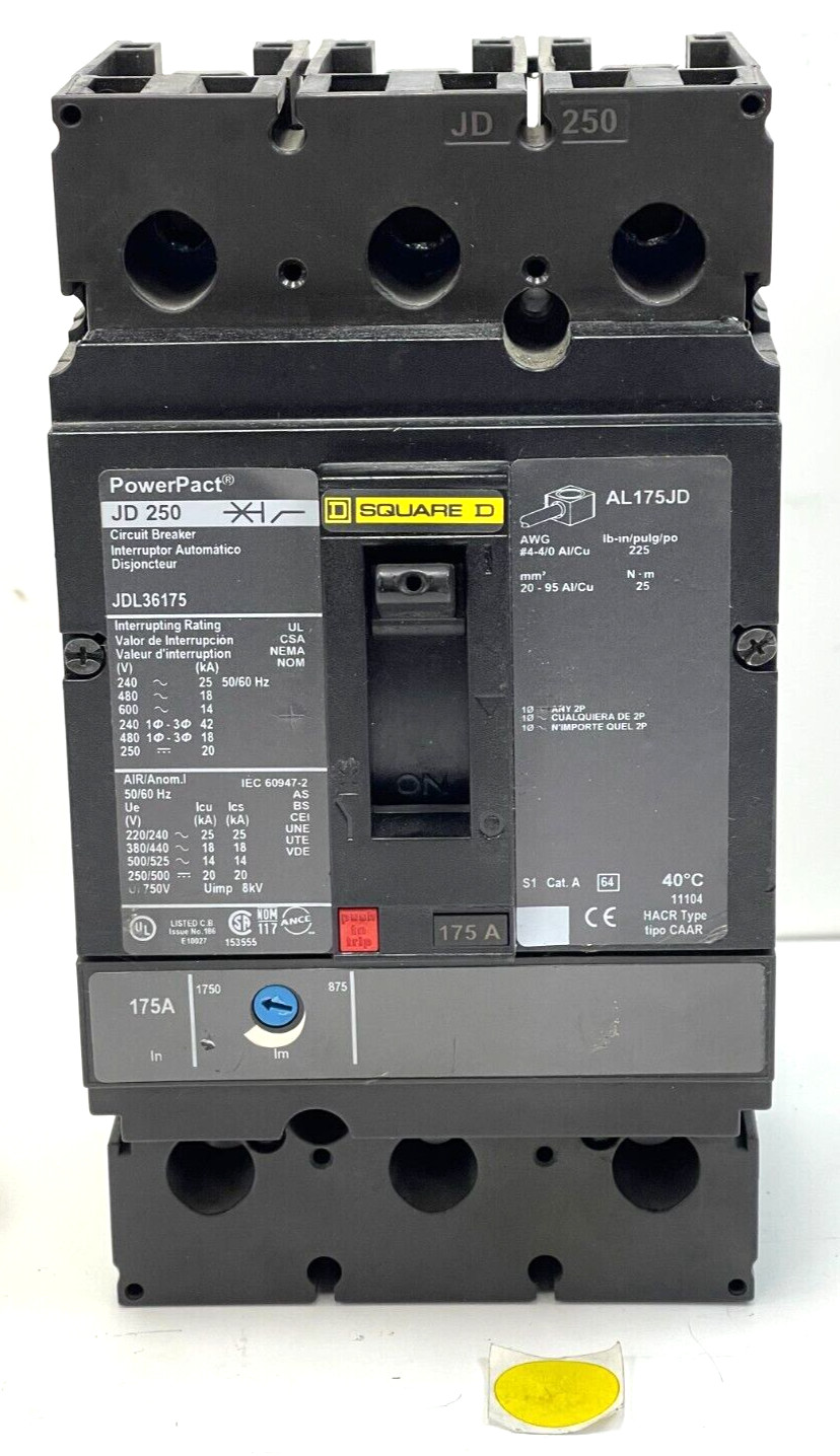 SQUARE D CIRCUIT BREAKER JDL136250 3POLE 250A 600V THREE PHASE