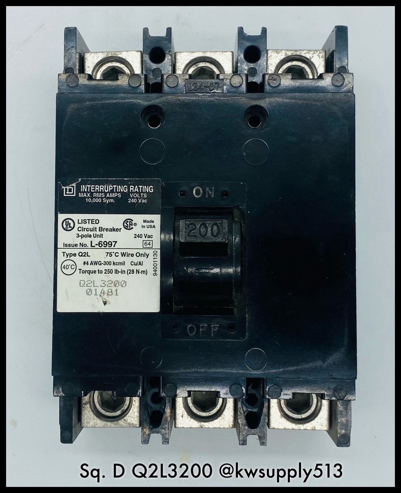 Q2L3200 ~ Square D Q2L3200 3P 240V 200A Q2L CB ~ T & B Lugs/90-D Warranty