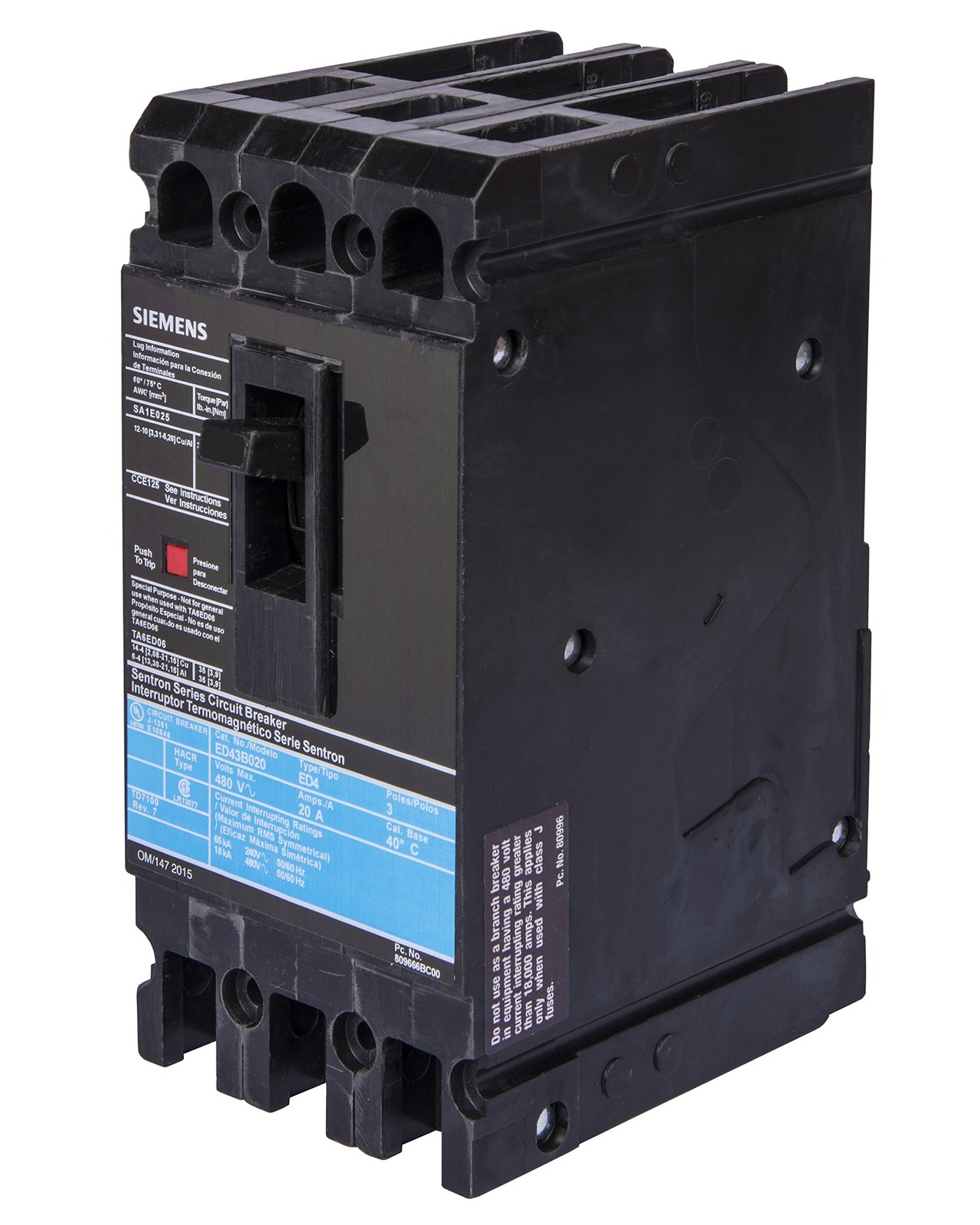 Siemens HED43B015 Circuit Breaker, Type HED4, 15 Amp, 3 Pole