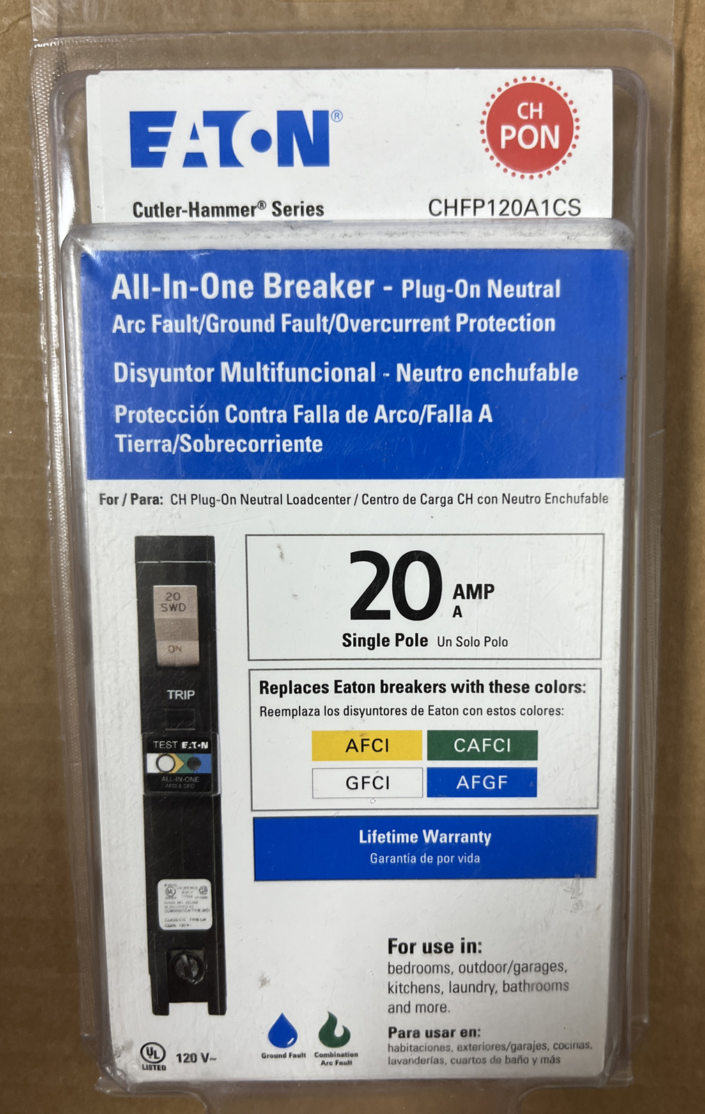 Eaton CH 20 Amp All in One AF/GF Plug-On-Neutral Breaker(CHFP120A1CS)