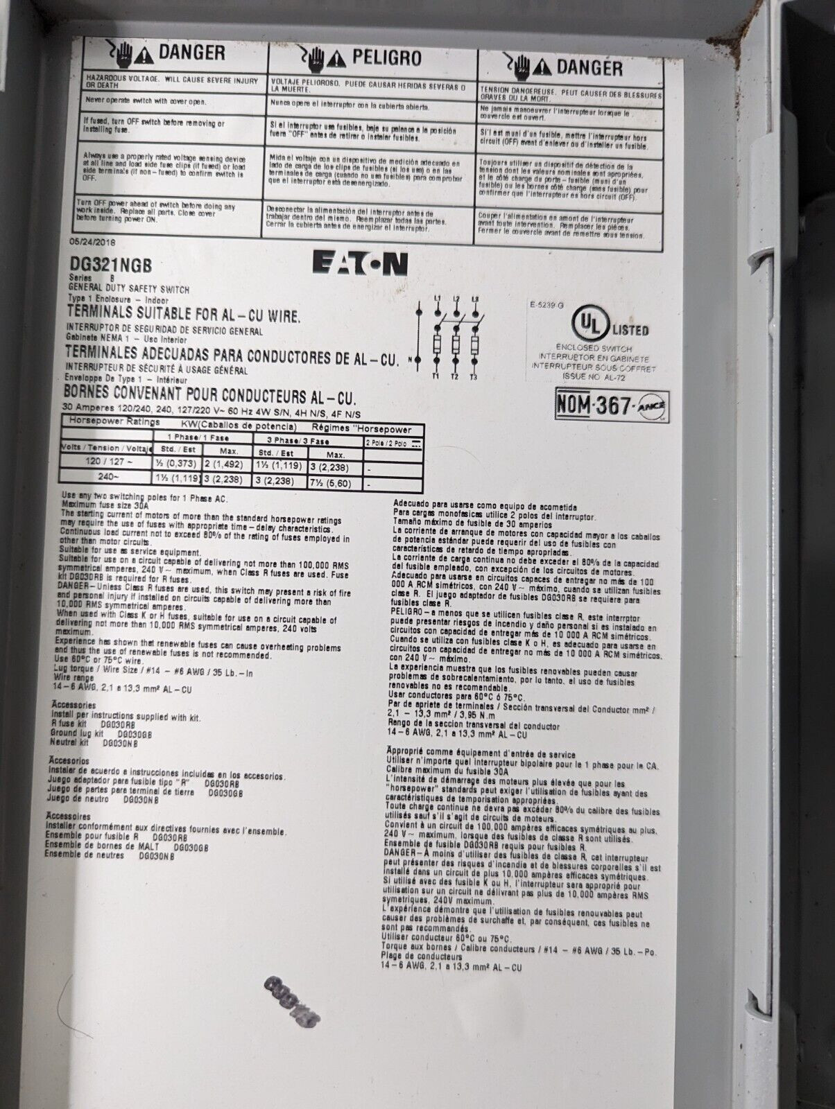 EATON CUTLER-HAMMER DG321NGB SERIES B GENERAL DUTY SAFETY SWITCH